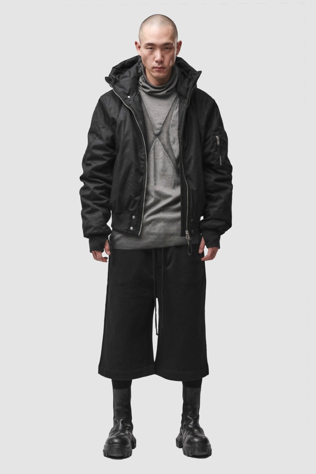 Thom Krom - Men’s Black Hooded Cotton Bomber Jacket M-J-89 model full front view