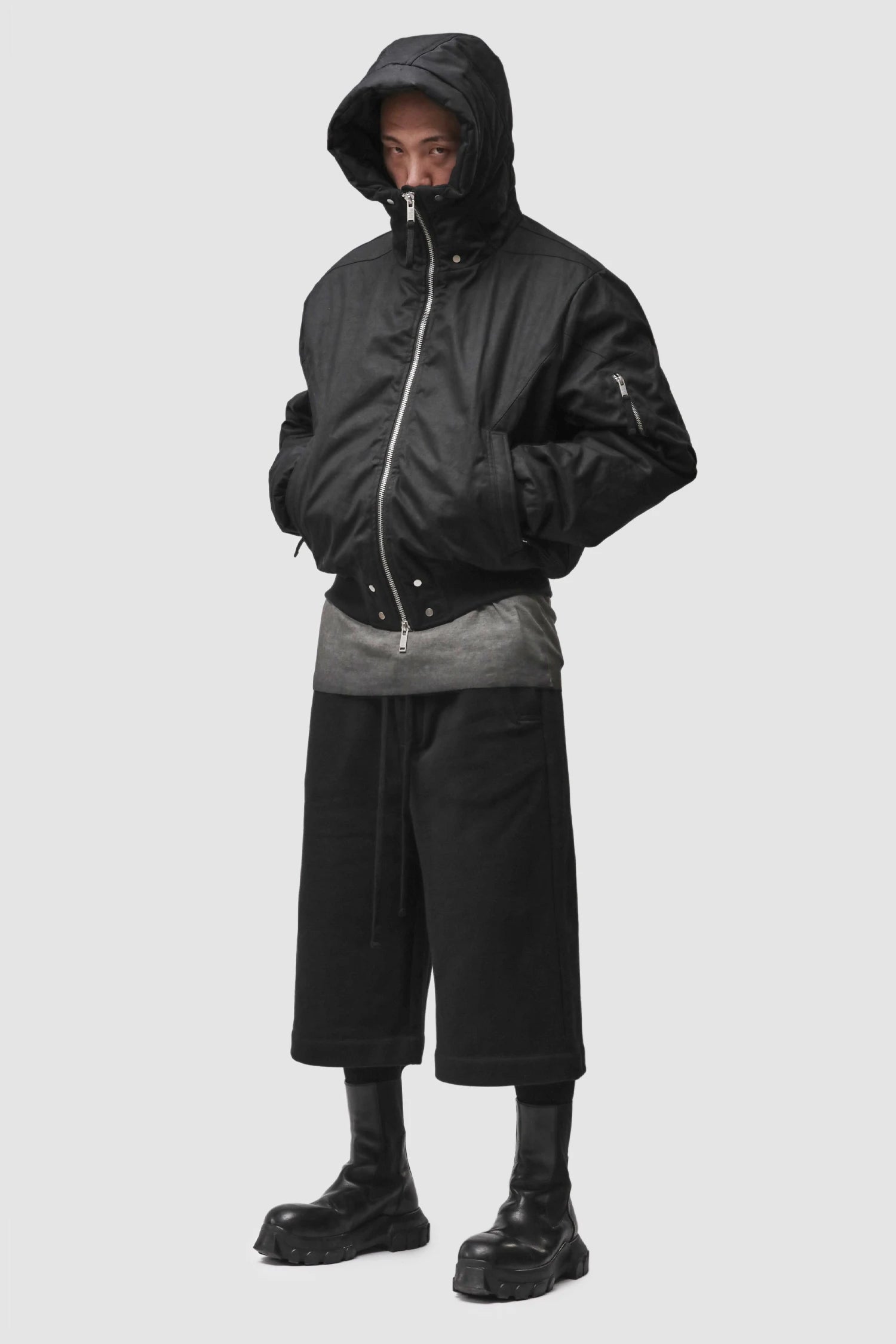 Thom Krom - Men’s Black Hooded Cotton Bomber Jacket M-J-89 model full side view