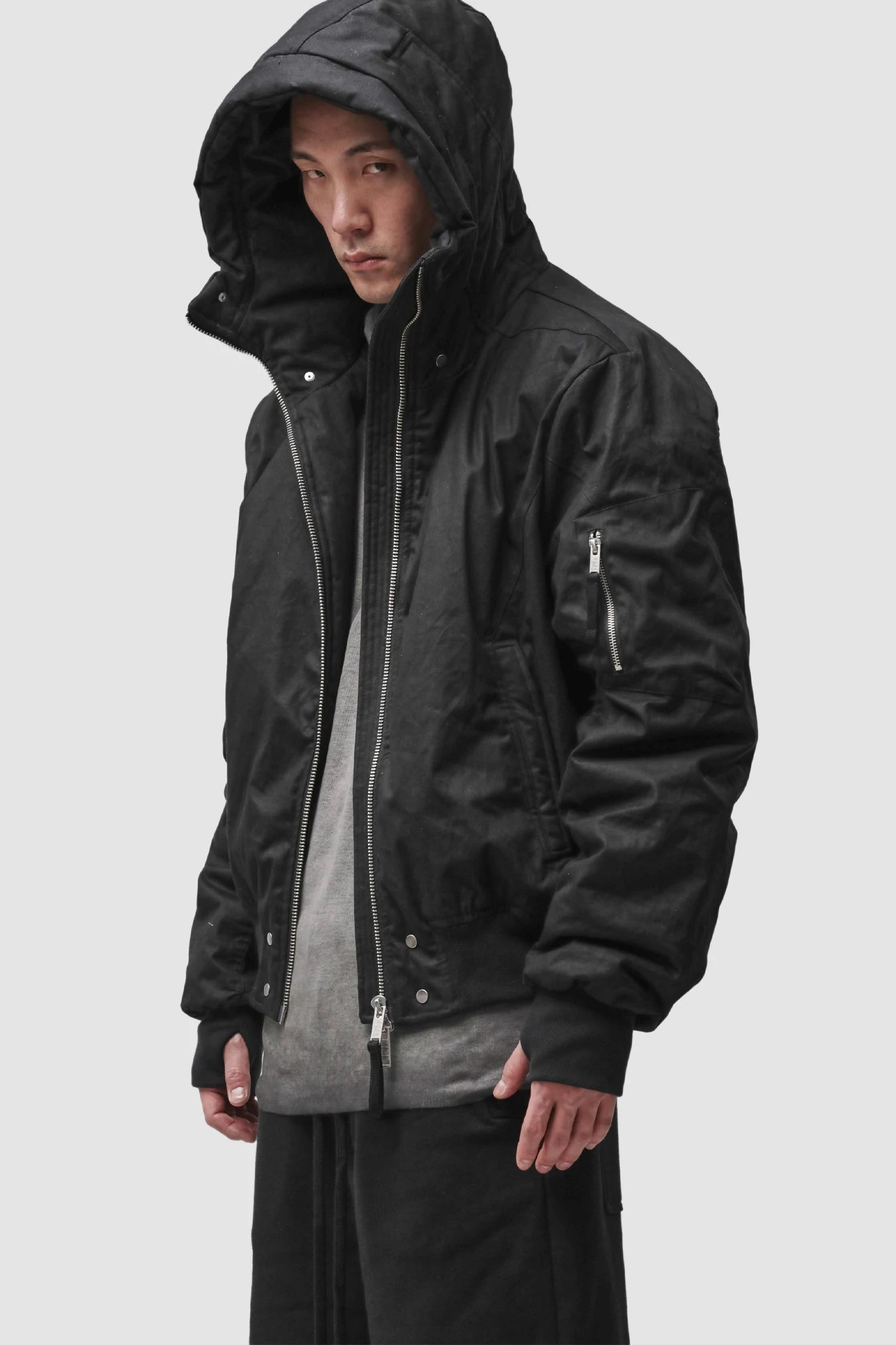 Thom Krom - Men’s Black Hooded Cotton Bomber Jacket M-J-89 model side view