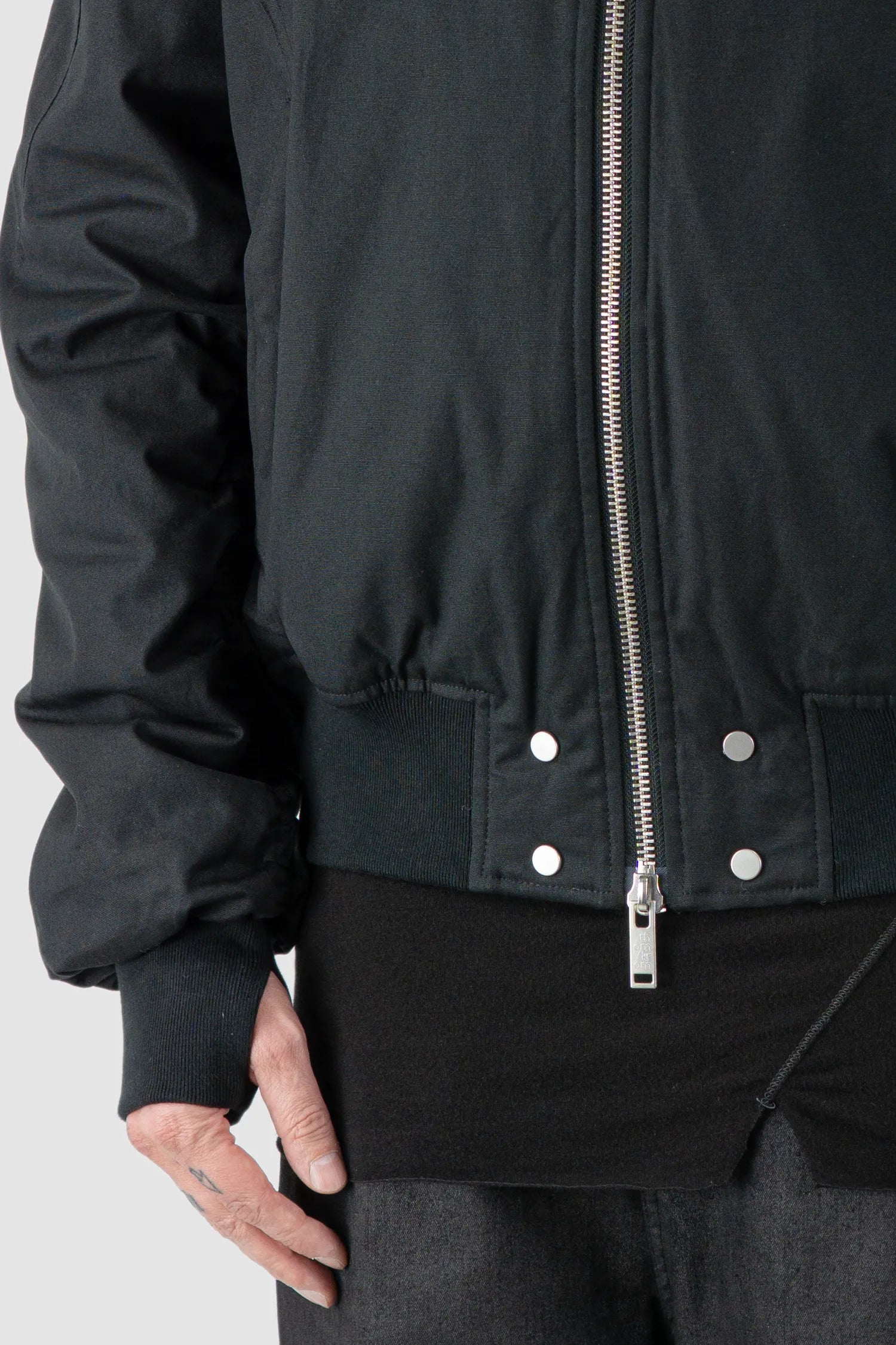 Thom/Krom - Men's Black Hooded Cotton Bomber Jacket - thumbhole detail view