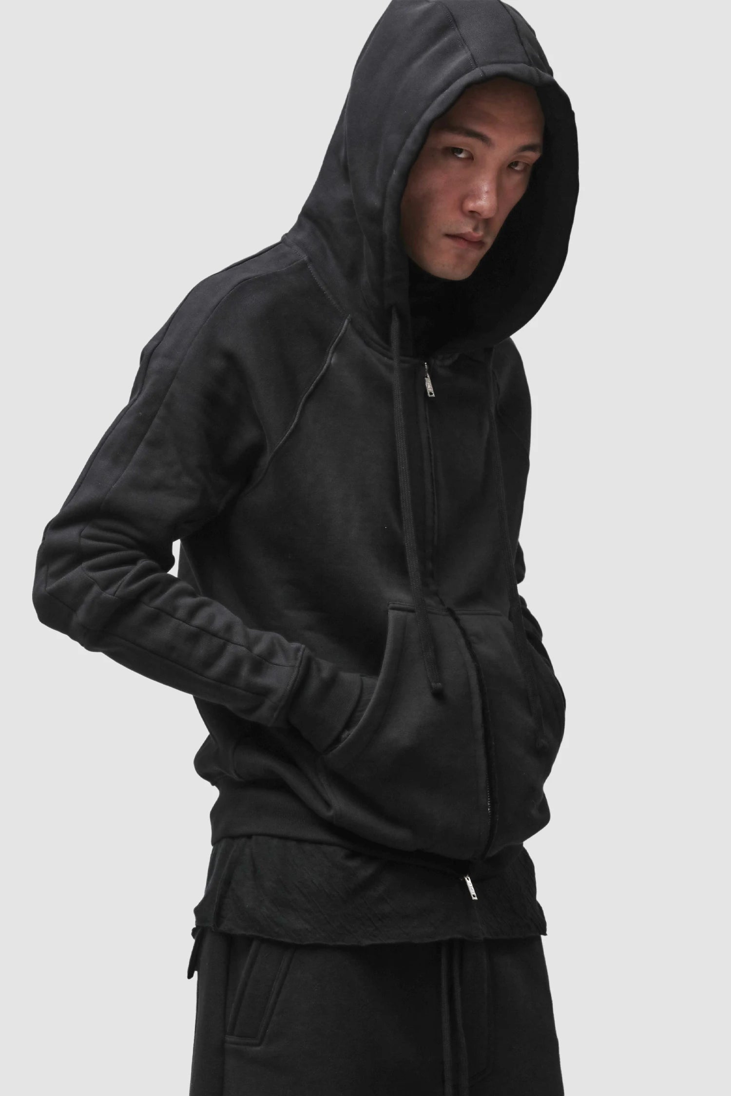 Thom Krom - Men’s Black Hooded Cotton Zip Sweater M-SJ-711 model side hooded view