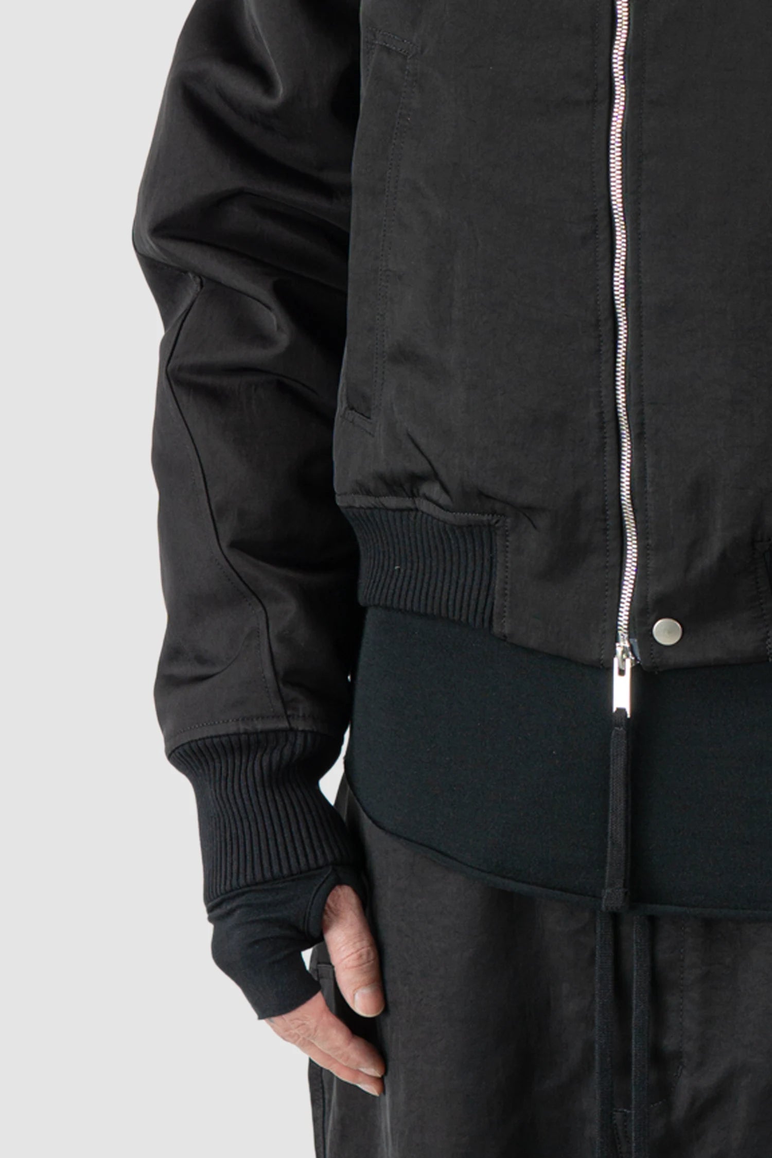 Thom Krom – Men's Black Recycled Tech Bomber Jacket - cuff detail view