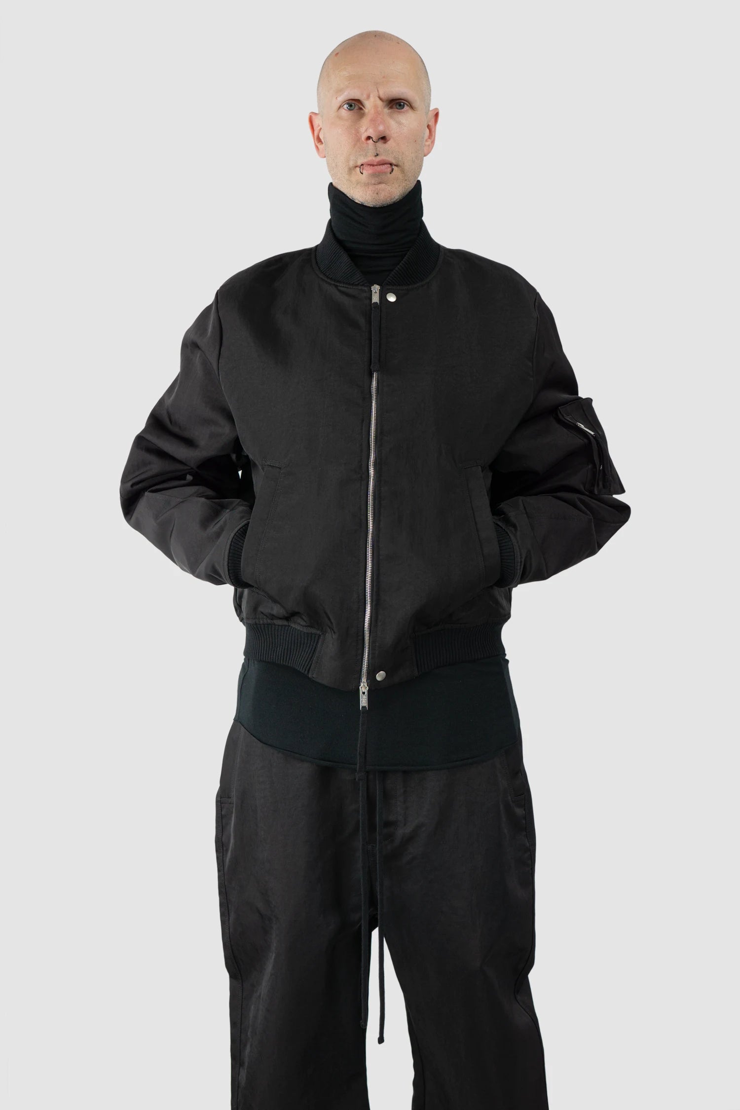 Thom Krom – Men's Black Recycled Tech Bomber Jacket - model relaxed view