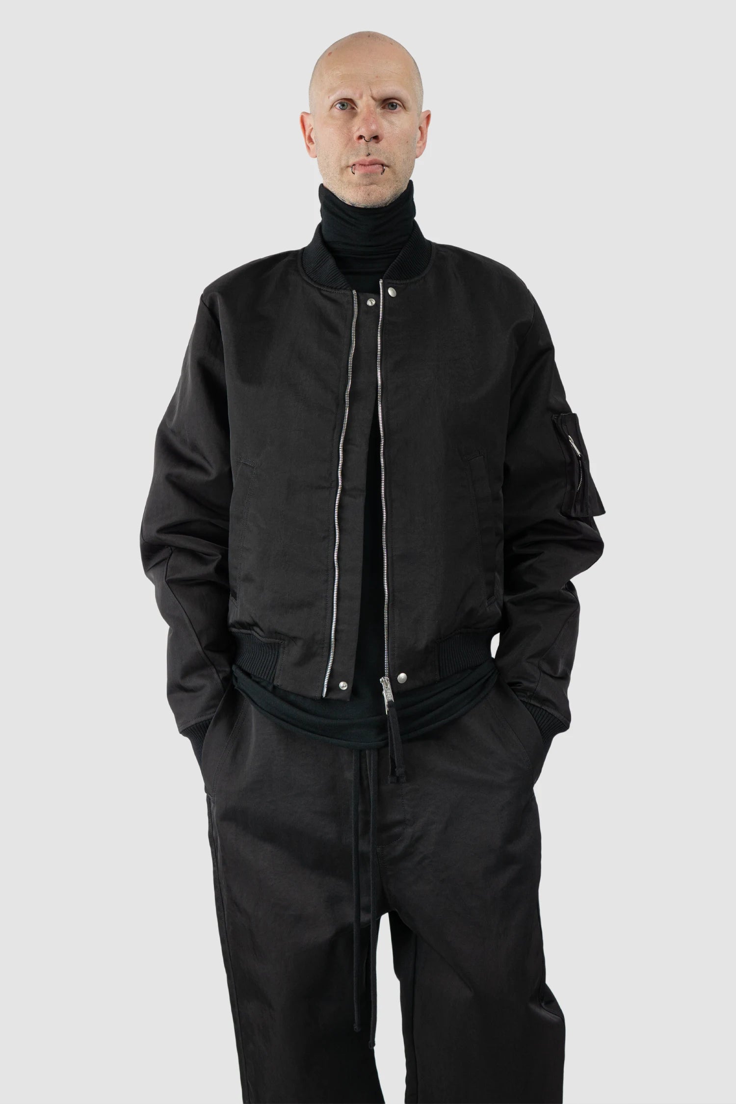 Thom Krom – Men's Black Recycled Tech Bomber Jacket - open jacket view