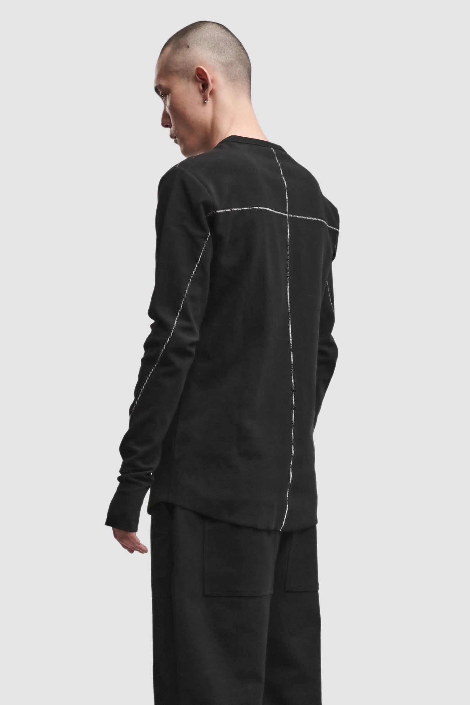 Thom Krom - Men’s Black Structured Cotton Contrast Stitch Long Sleeve M-TS-1001 model side 2 view