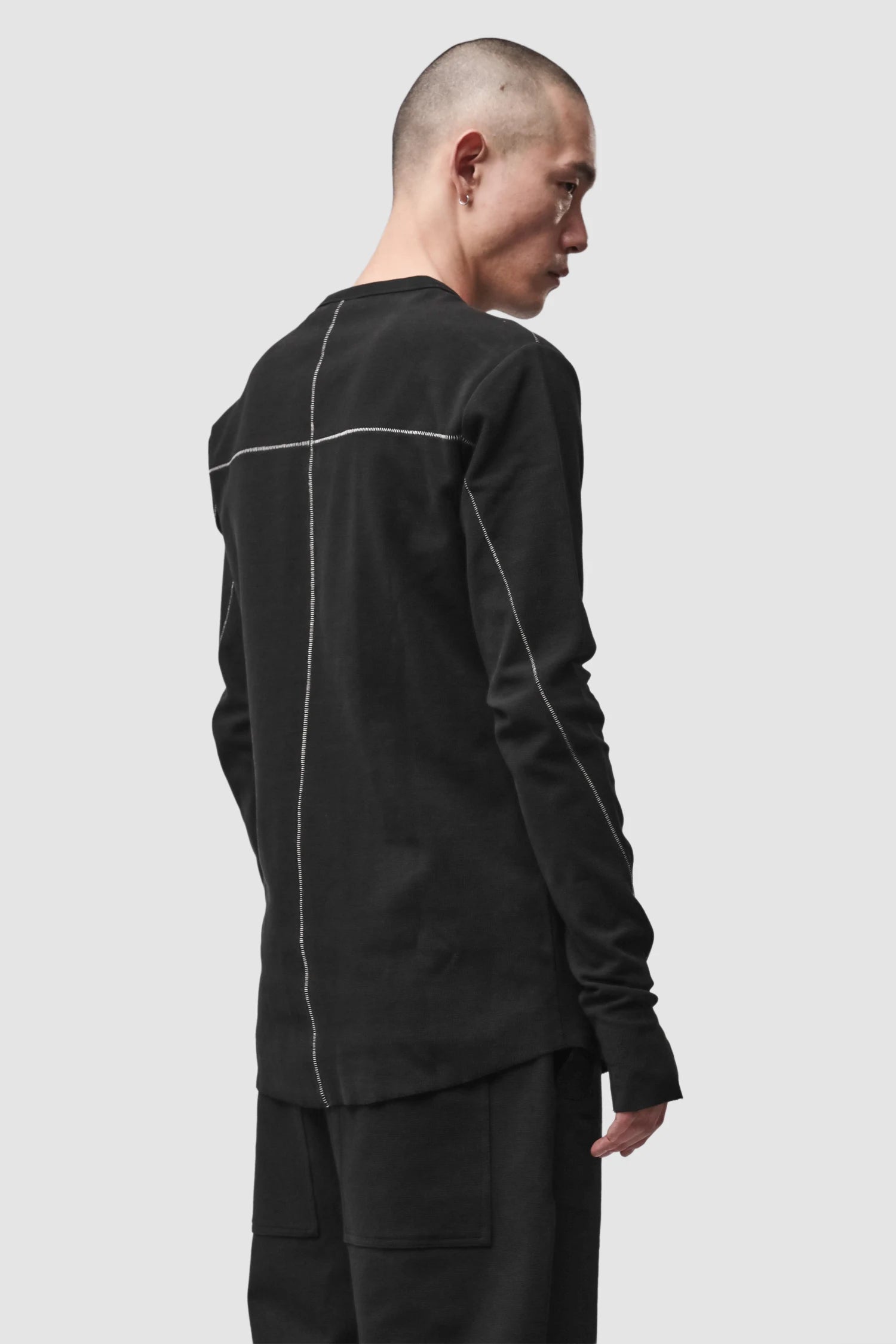 Thom Krom - Men’s Black Structured Cotton Contrast Stitch Long Sleeve M-TS-1001 model back side view