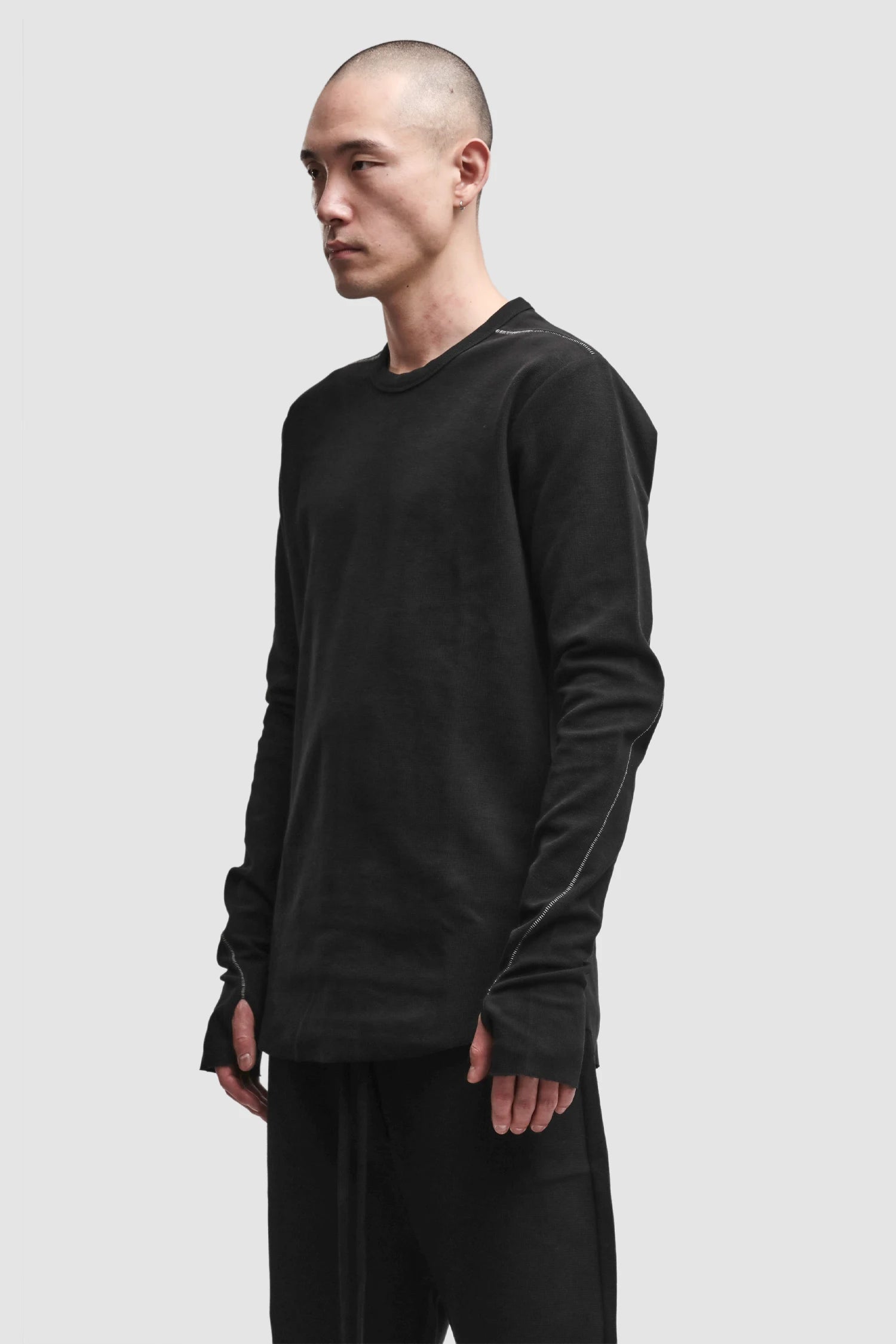Thom Krom - Men’s Black Structured Cotton Contrast Stitch Long Sleeve M-TS-1001 model side view