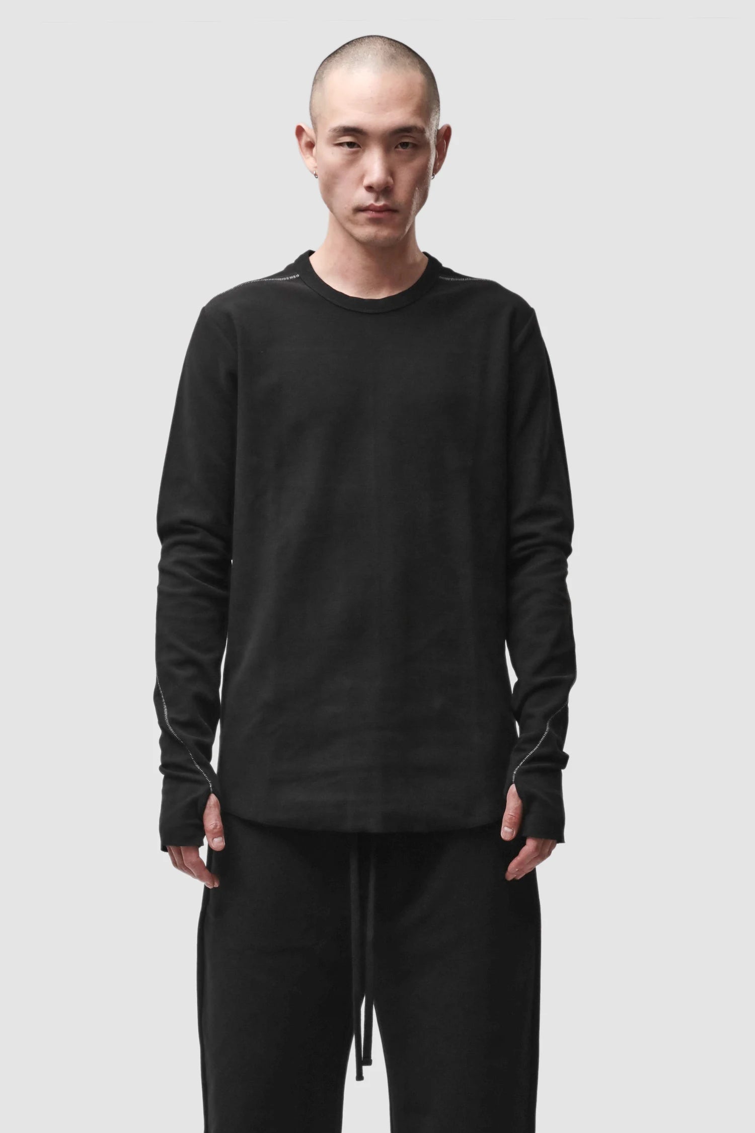 Thom Krom - Men’s Black Structured Cotton Contrast Stitch Long Sleeve M-TS-1001 model front view