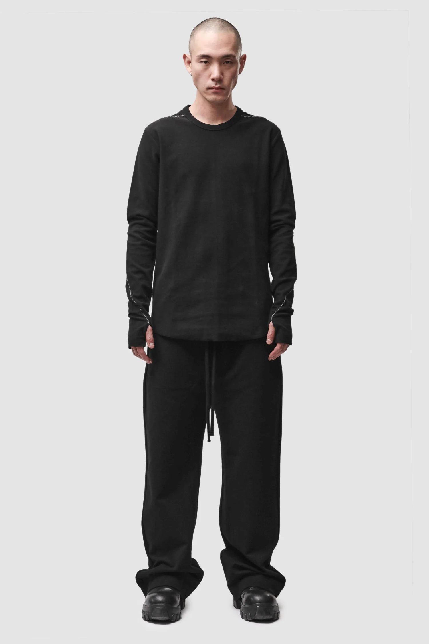 Thom Krom - Men’s Black Structured Cotton Contrast Stitch Long Sleeve M-TS-1001 model full front view