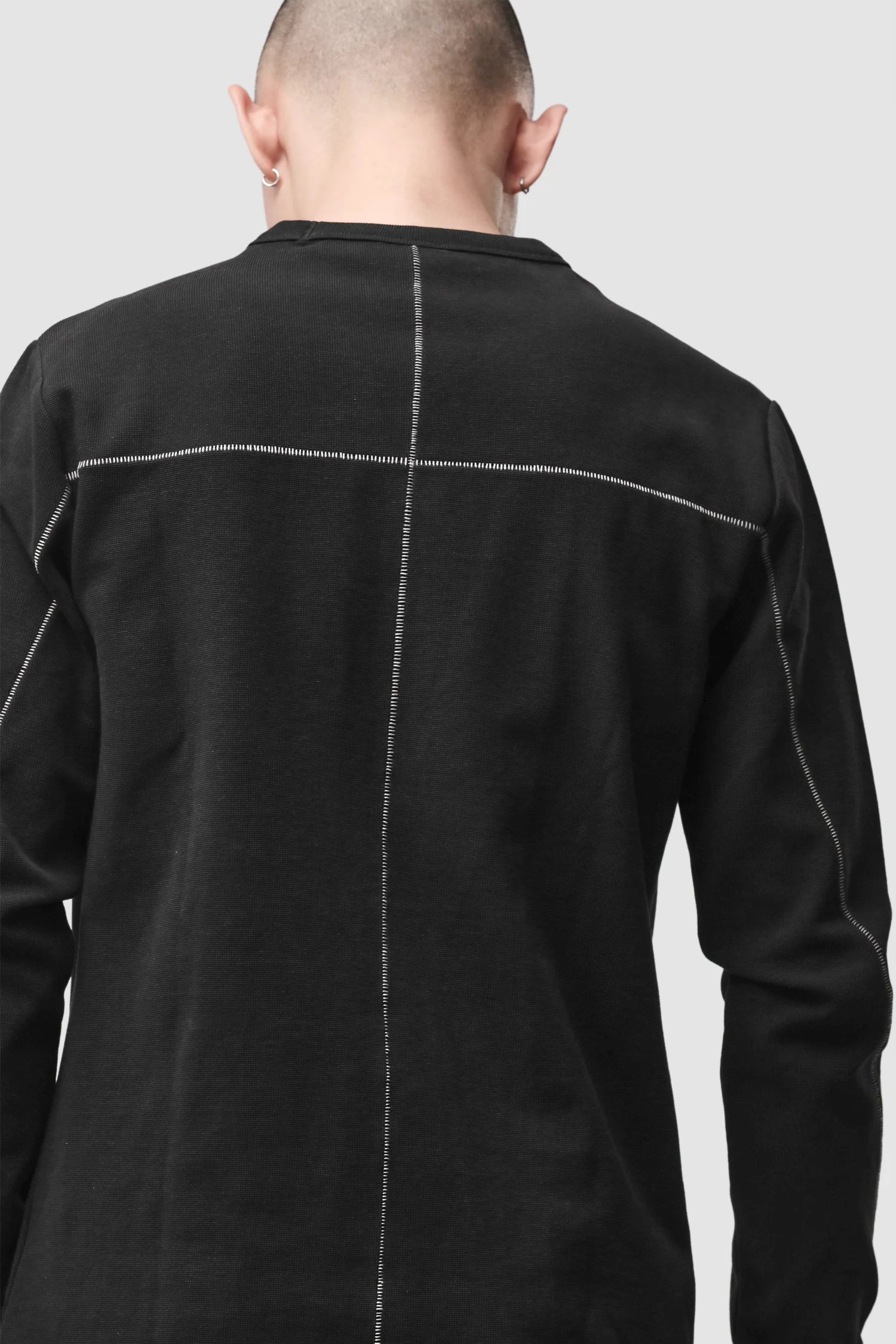 Thom Krom - Men’s Black Structured Cotton Contrast Stitch Long Sleeve M-TS-1001 seam detail view