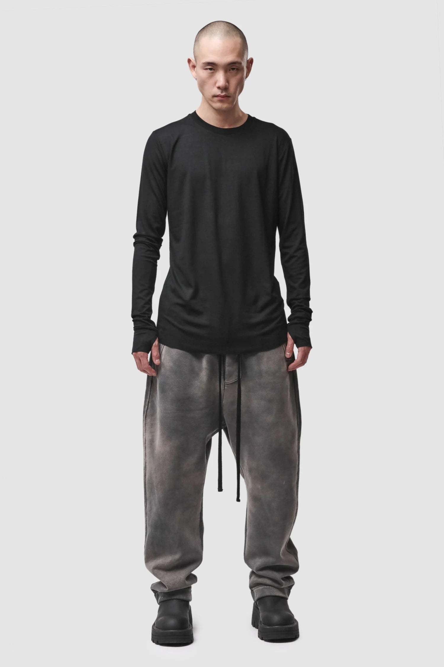 Thom Krom - Men’s Black Viscose Round Neck Long Sleeve M-TS-970 model full front view