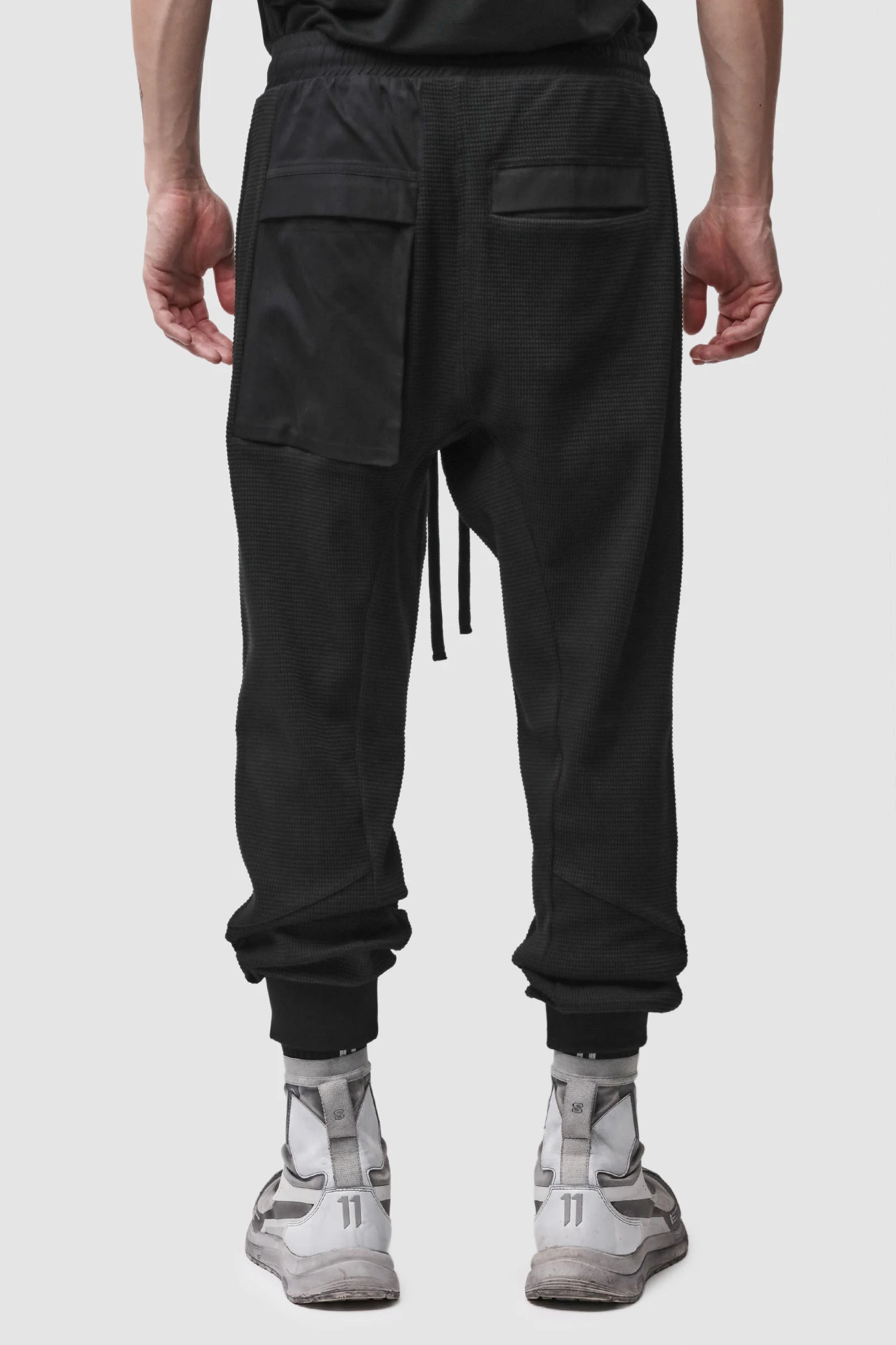Thom Krom - Men’s Black Waffle Cotton Cargo Trousers M-ST-537 model back view