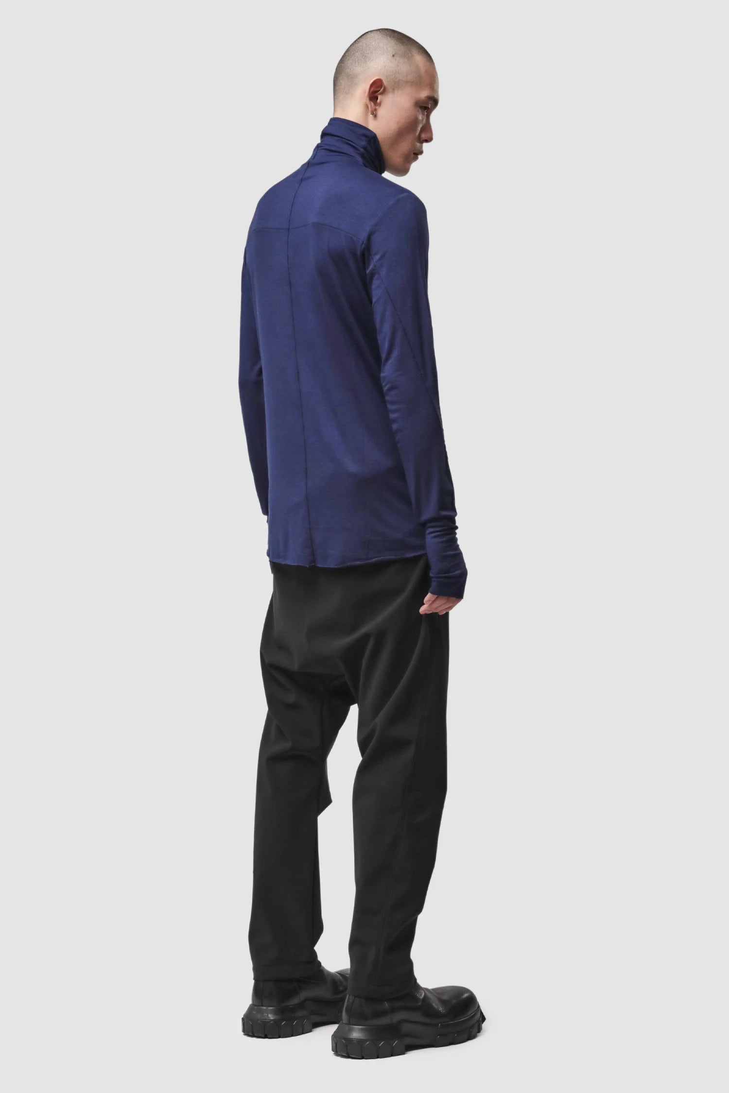 Thom Krom - Men’s Blue Cashmere Blend Turtleneck Long Sleeve M-TS-979 model full back view