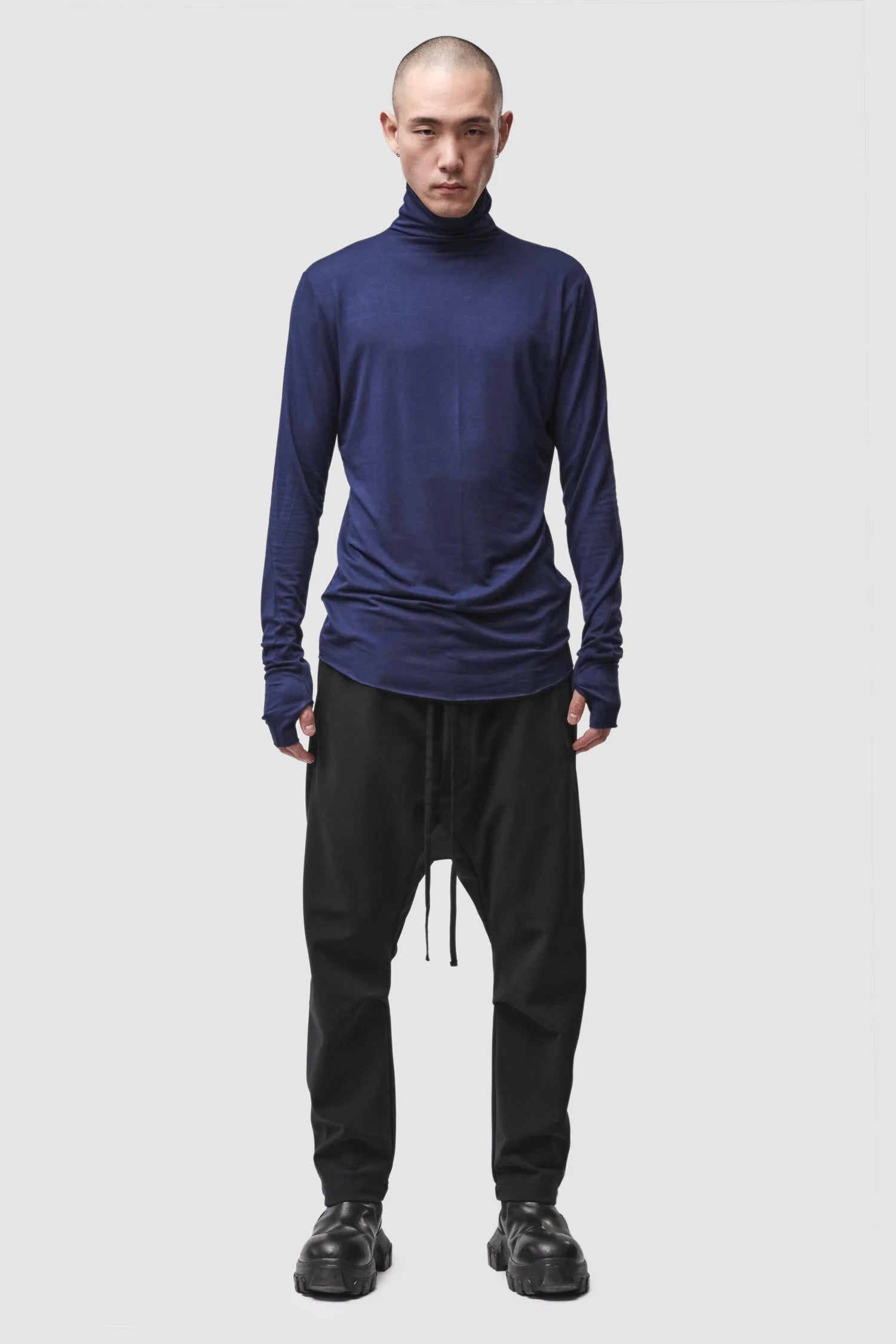 Thom Krom - Men’s Blue Cashmere Blend Turtleneck Long Sleeve M-TS-979 model full front view