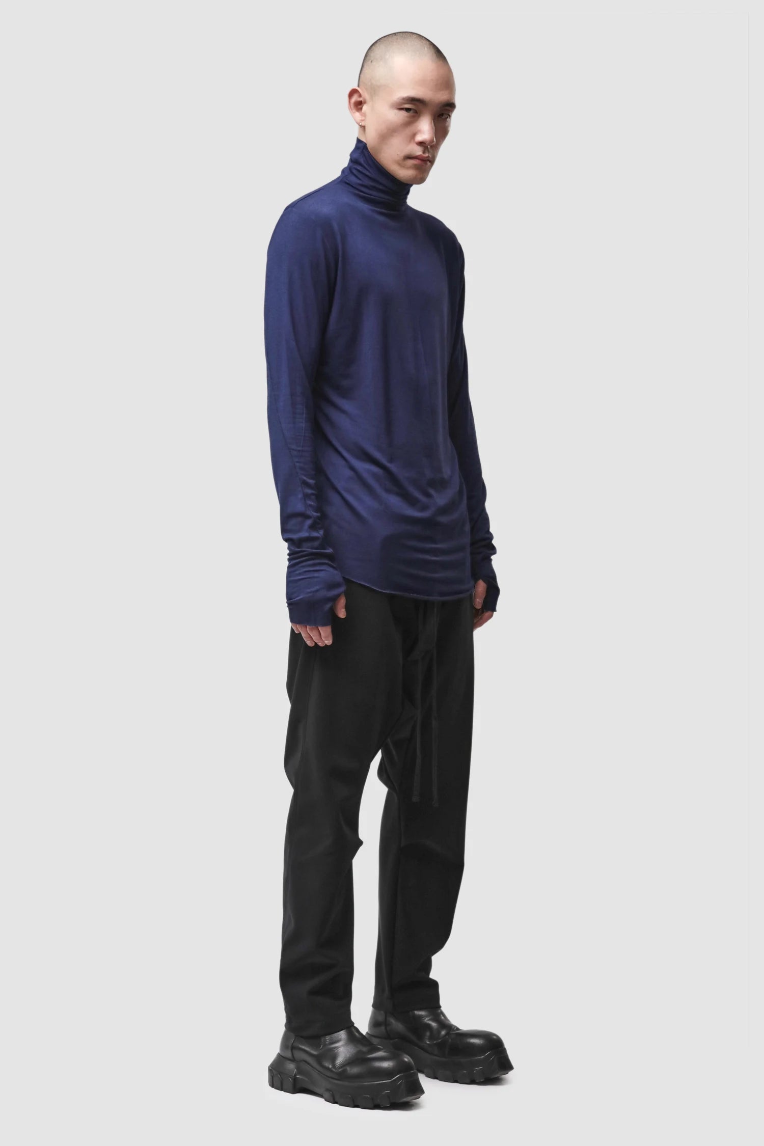 Thom Krom - Men’s Blue Cashmere Blend Turtleneck Long Sleeve M-TS-979 model full side view