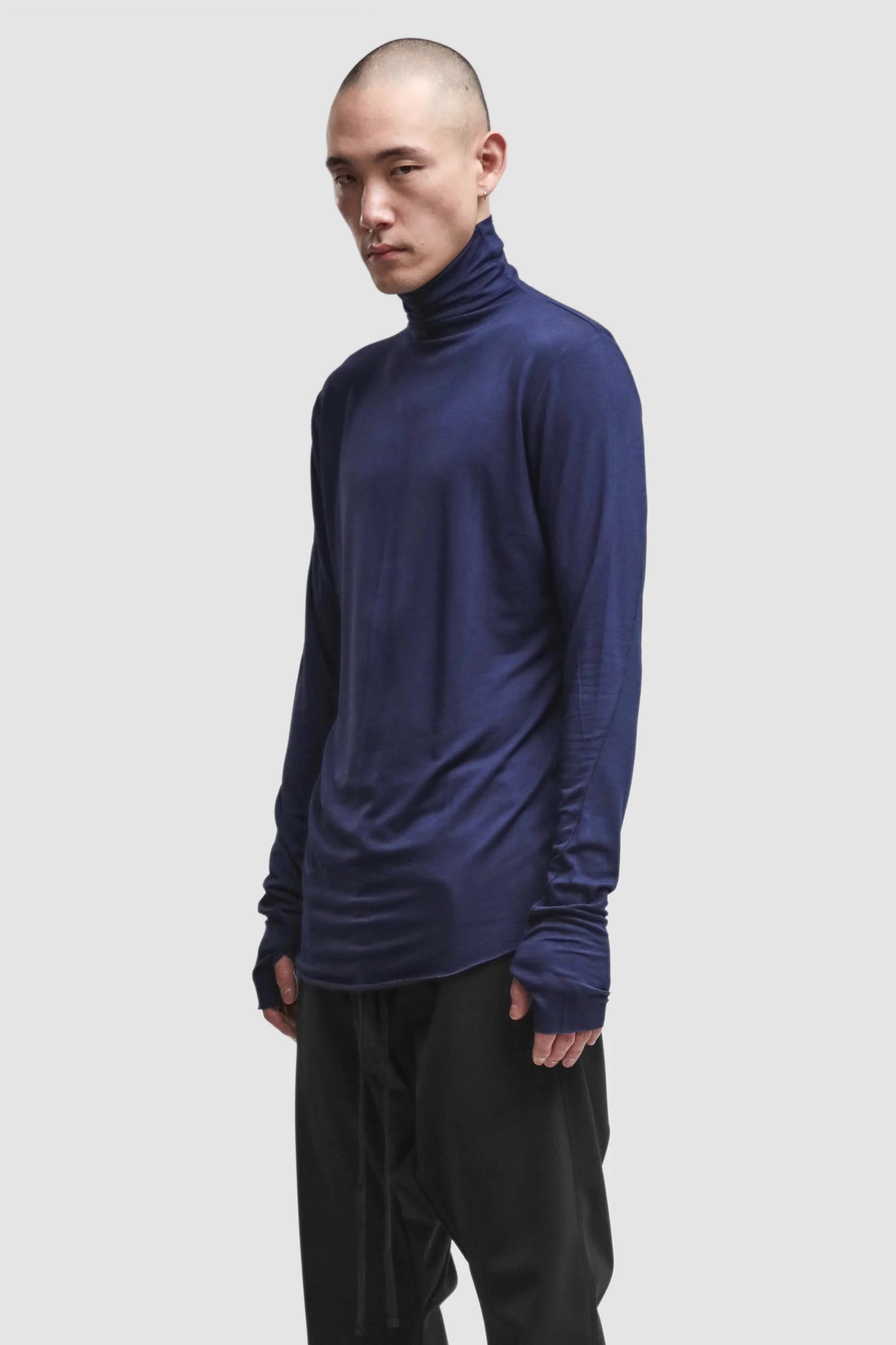 Thom Krom - Men’s Blue Cashmere Blend Turtleneck Long Sleeve M-TS-979 model side view
