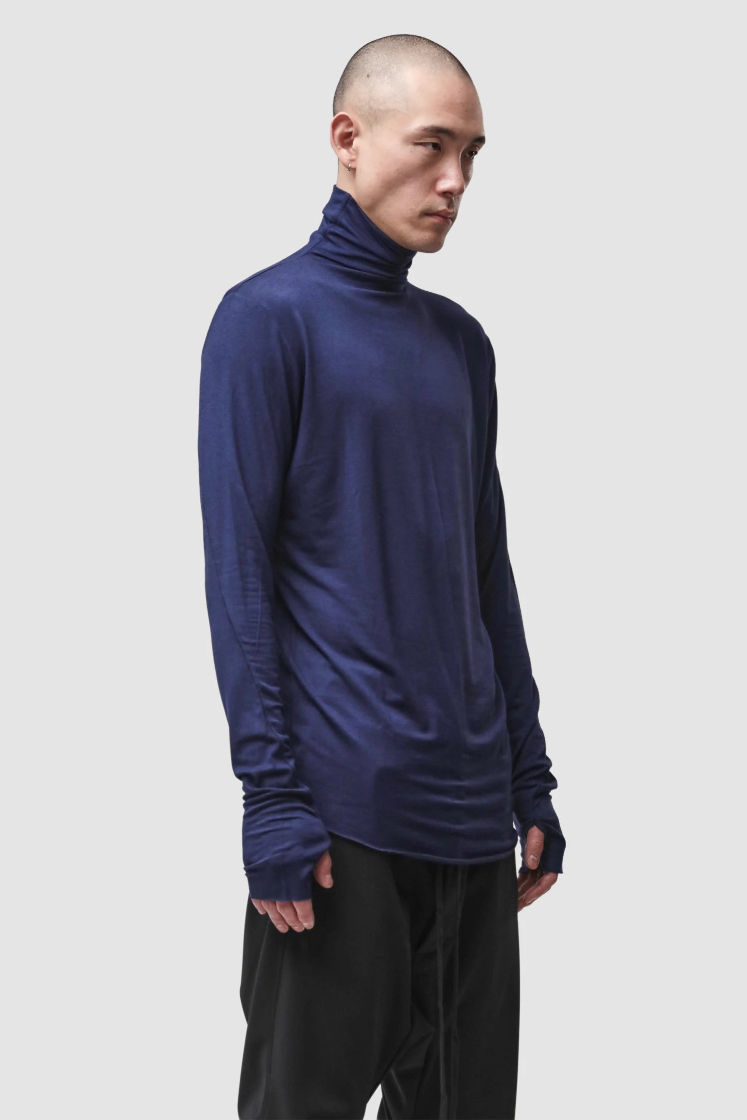 Thom Krom - Men’s Blue Cashmere Blend Turtleneck Long Sleeve M-TS-979 model side right view