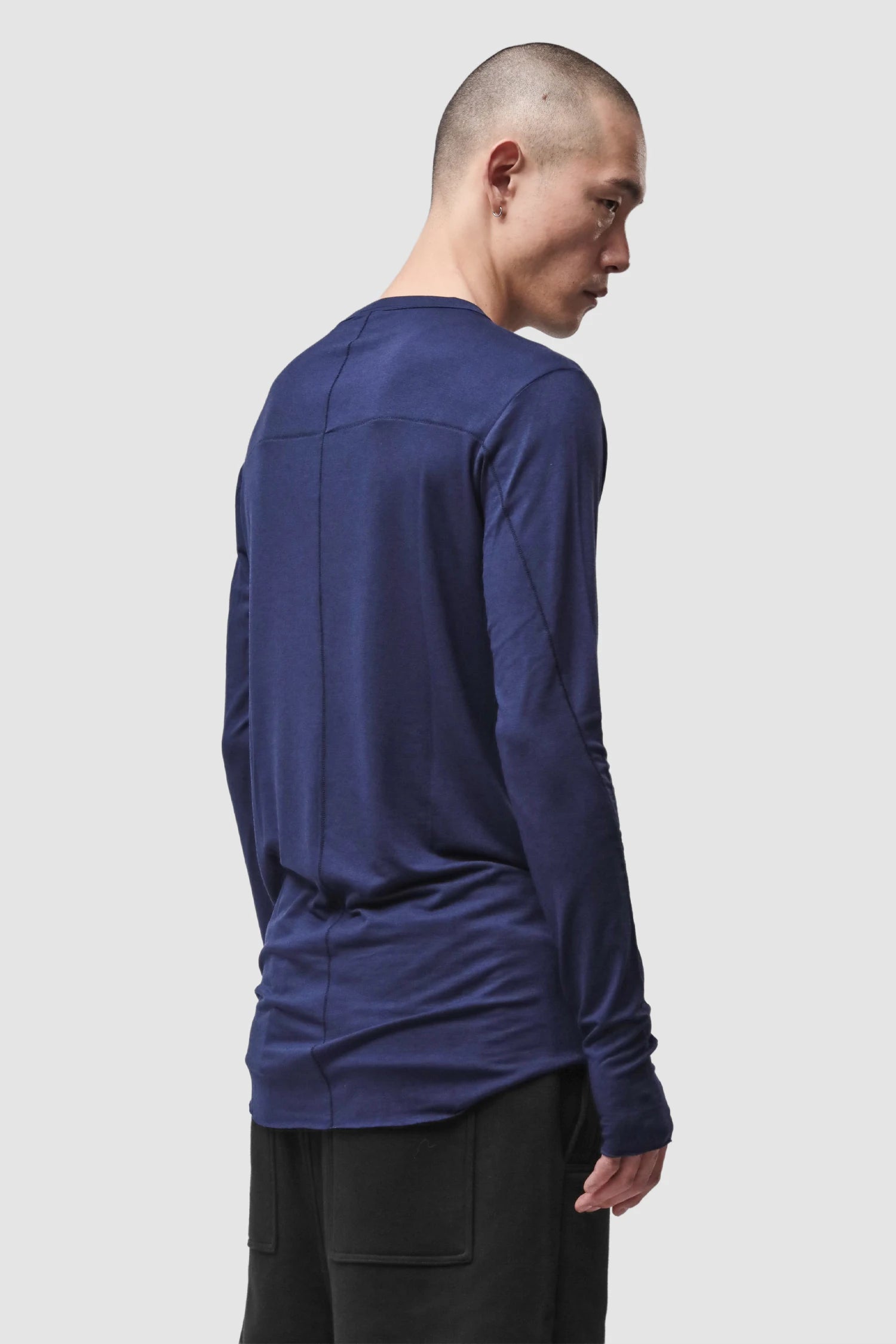 Thom Krom - Men’s Blue Modal Cashmere Long Sleeve M-TS-961 model back side view