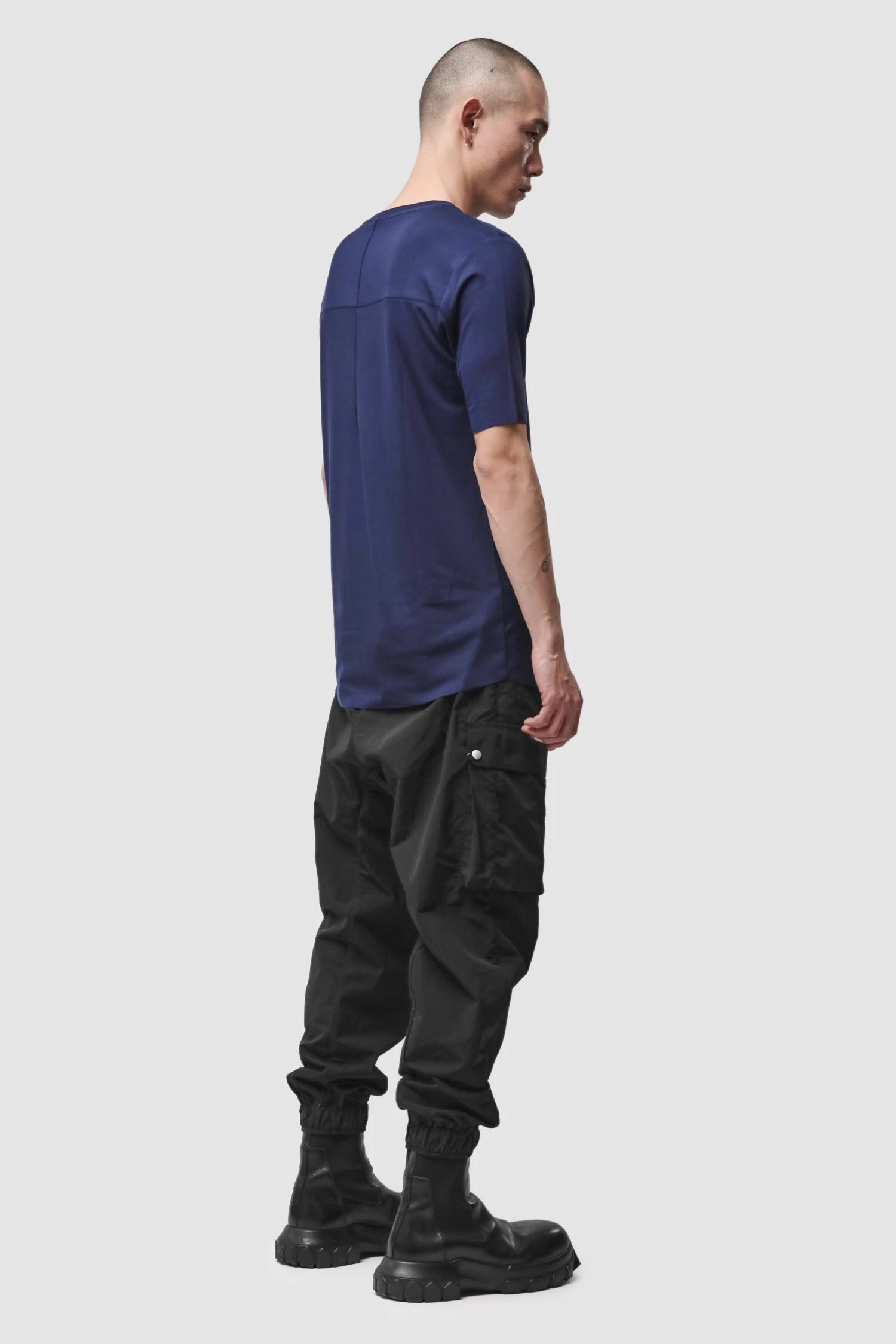 Thom Krom - Men’s Blue Viscose Scar Stitch T-Shirt M-TS-973 model full back view