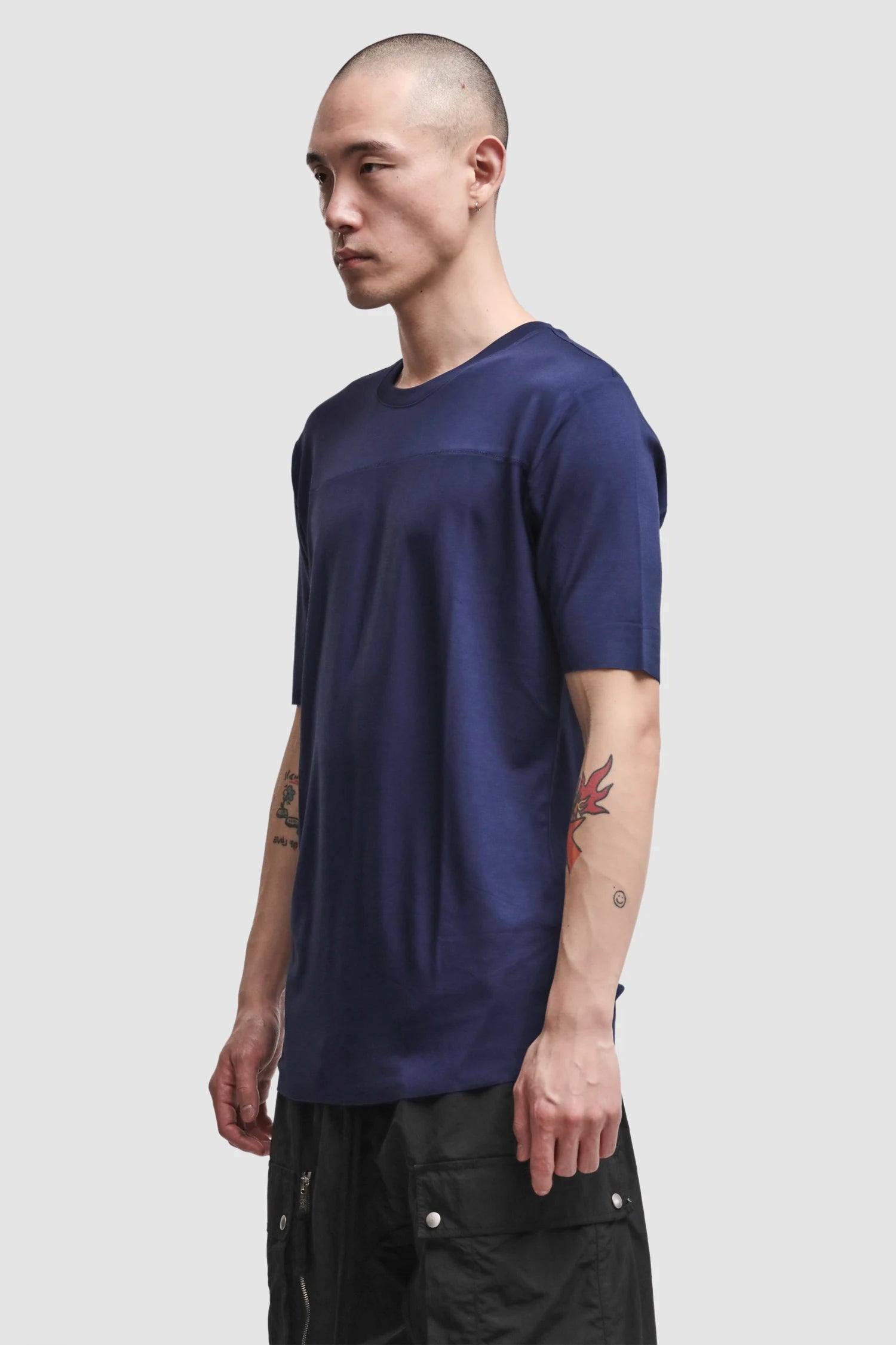 Thom Krom - Men’s Blue Viscose Scar Stitch T-Shirt M-TS-973 model side view