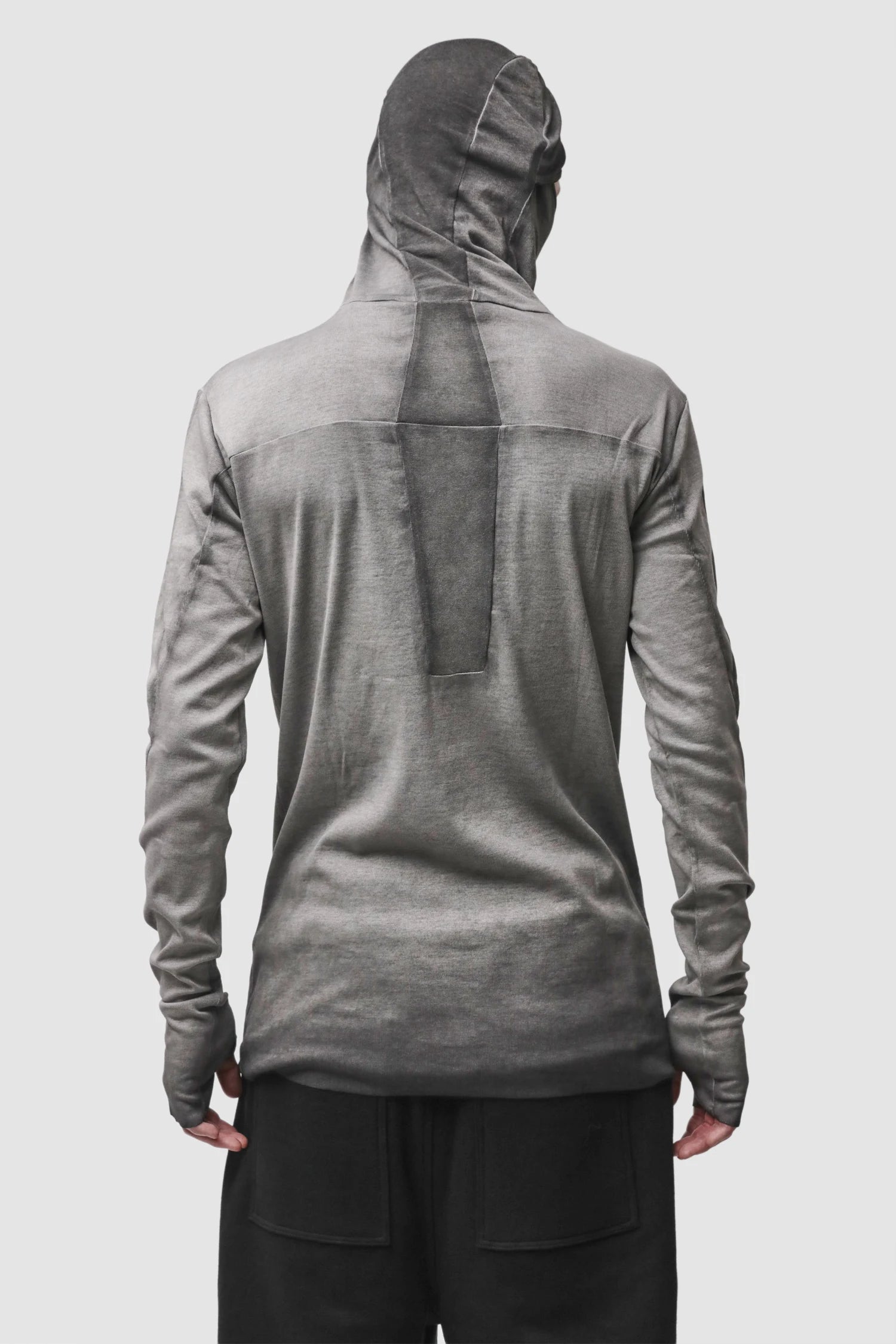 Thom Krom - Men’s Cold Dye Grey Cotton Balaclava Hooded Long Sleeve M-TS-985 model back view