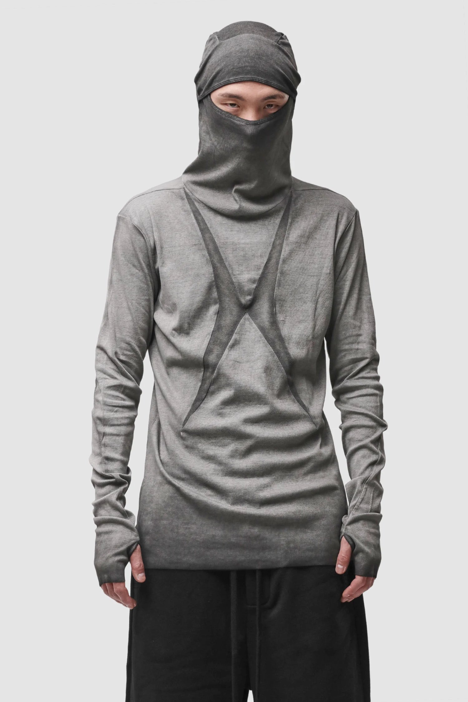 Thom Krom - Men’s Cold Dye Grey Cotton Balaclava Hooded Long Sleeve M-TS-985 model front hooded view