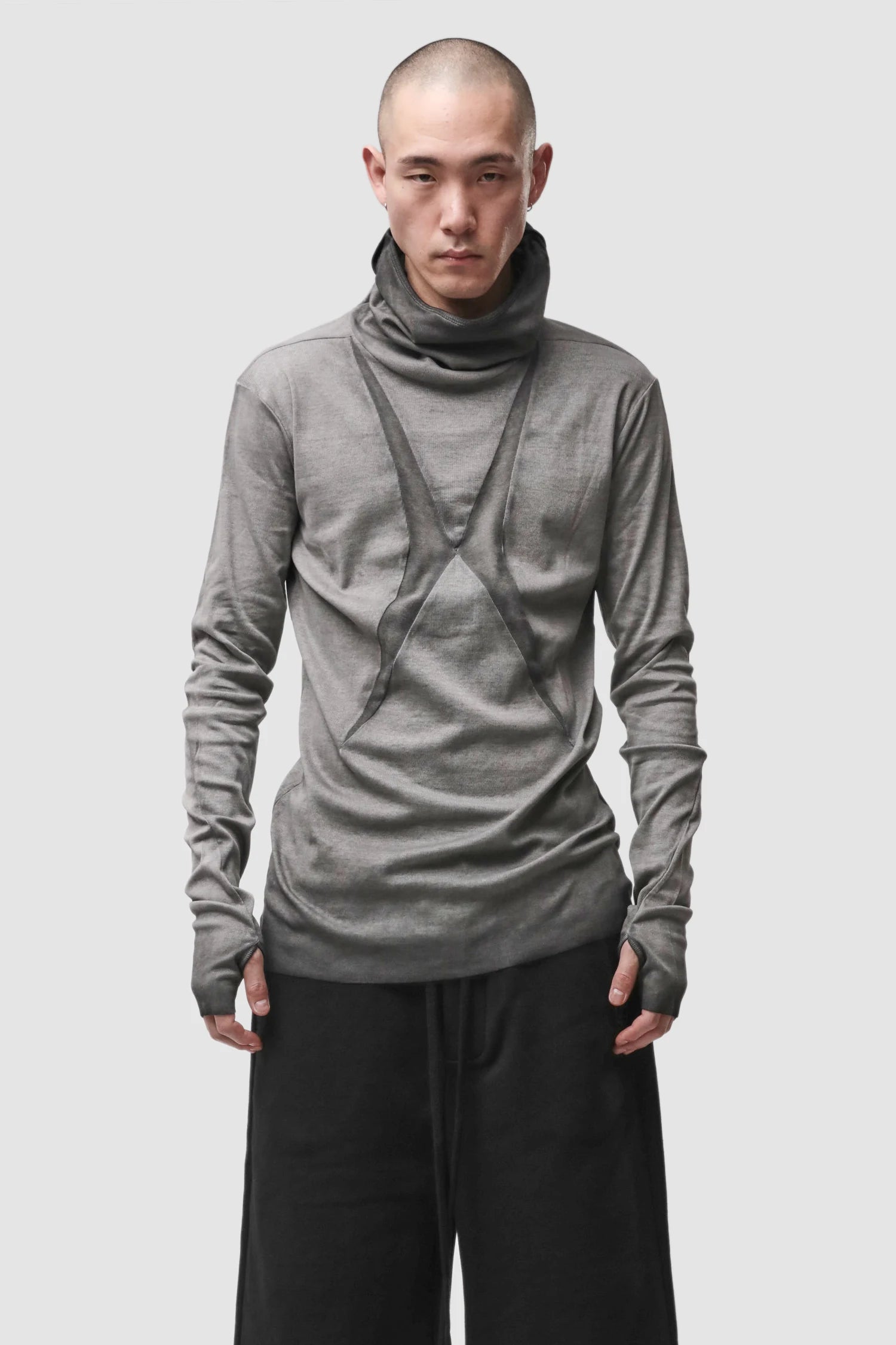 Thom Krom - Men’s Cold Dye Grey Cotton Balaclava Hooded Long Sleeve M-TS-985 model front view