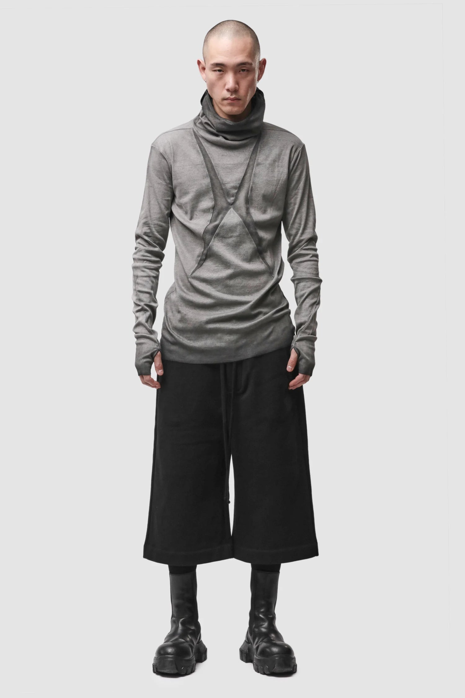 Thom Krom - Men’s Cold Dye Grey Cotton Balaclava Hooded Long Sleeve M-TS-985 model full front view