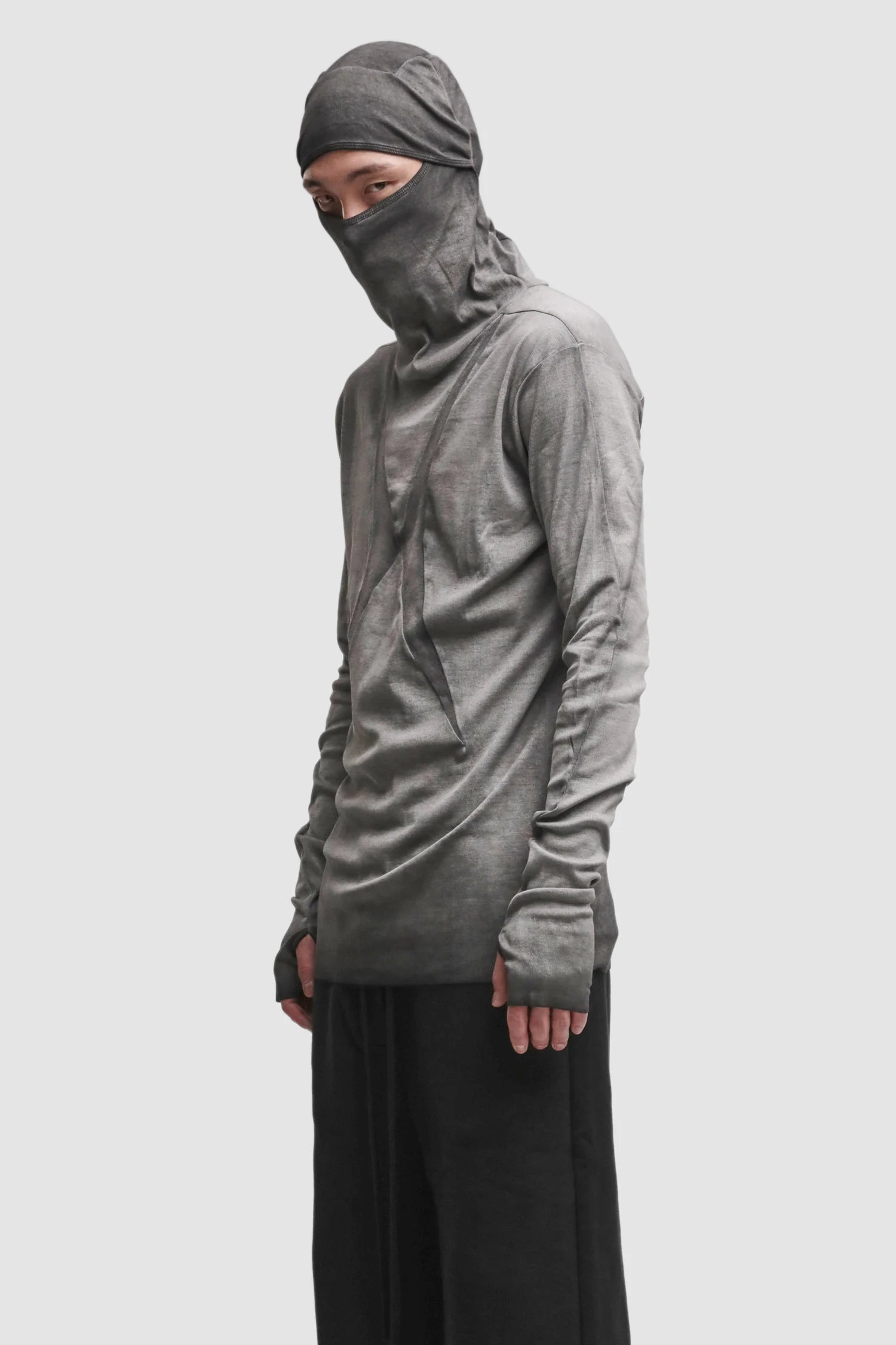 Thom Krom - Men’s Cold Dye Grey Cotton Balaclava Hooded Long Sleeve M-TS-985 model side view