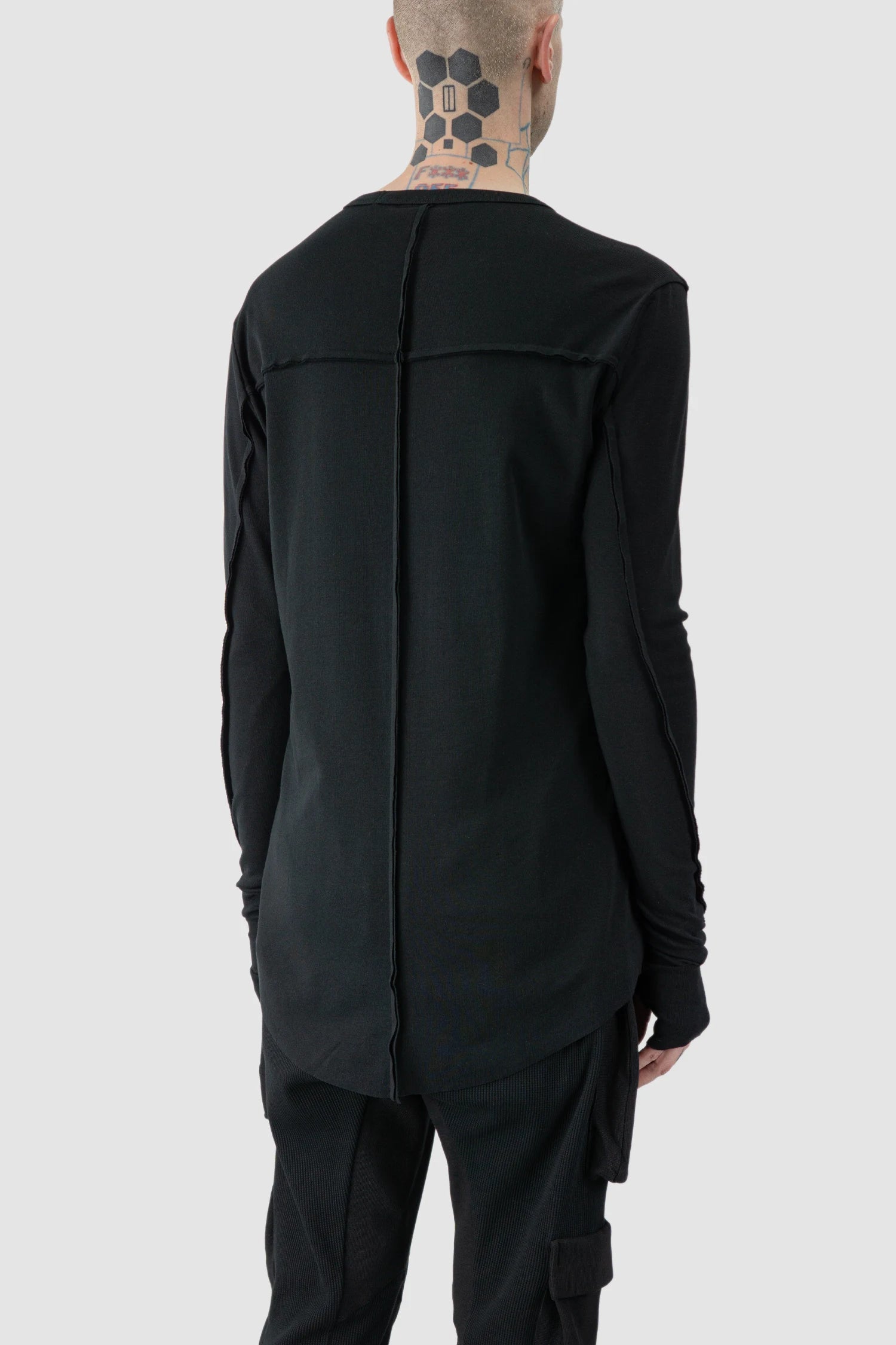 Thom Krom - model back side view of black Long Sleeve Slim Fit Cotton T-Shirt - M-TS-900