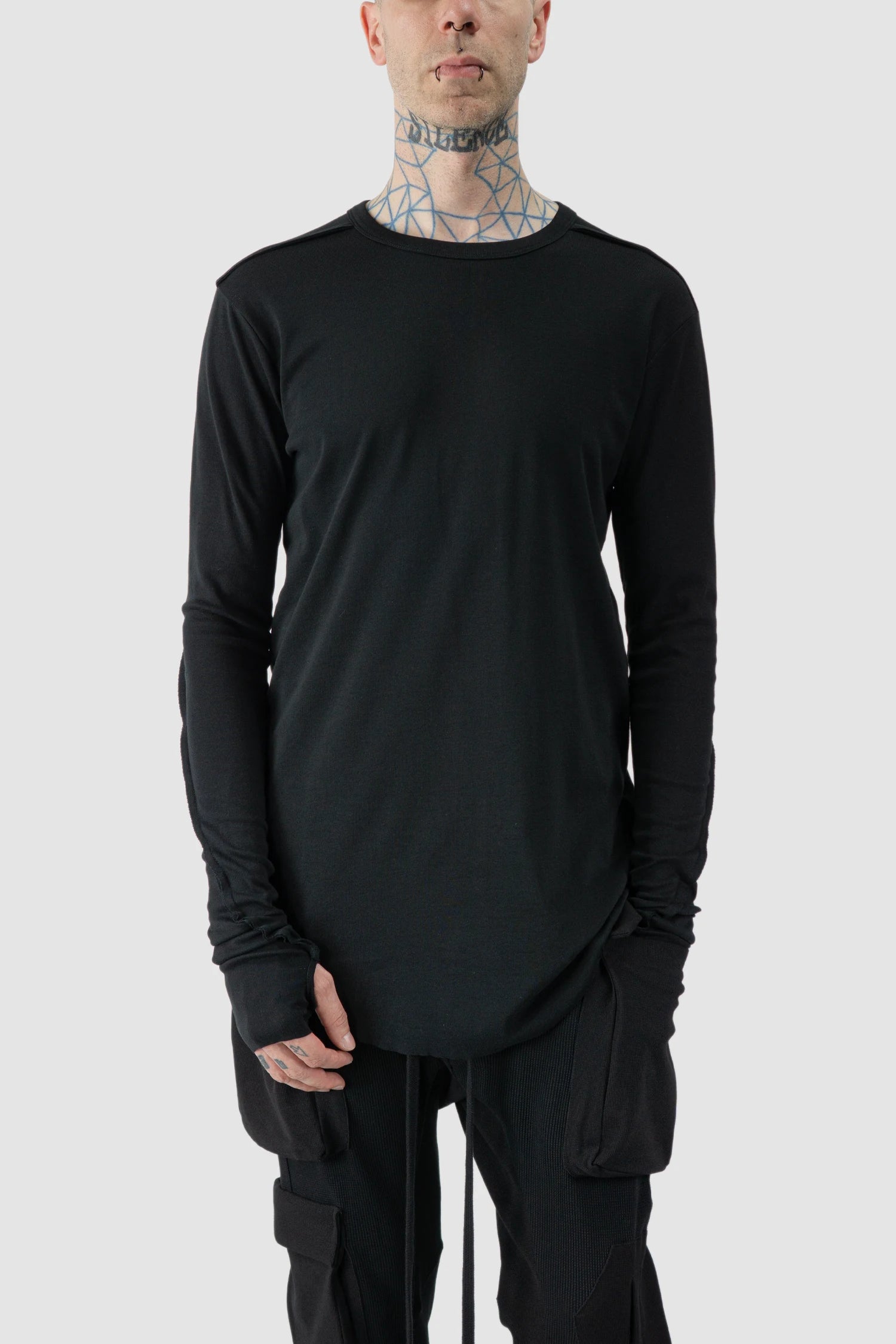 Thom Krom - model front relaxed view of black Long Sleeve Slim Fit Cotton T-Shirt - M-TS-900