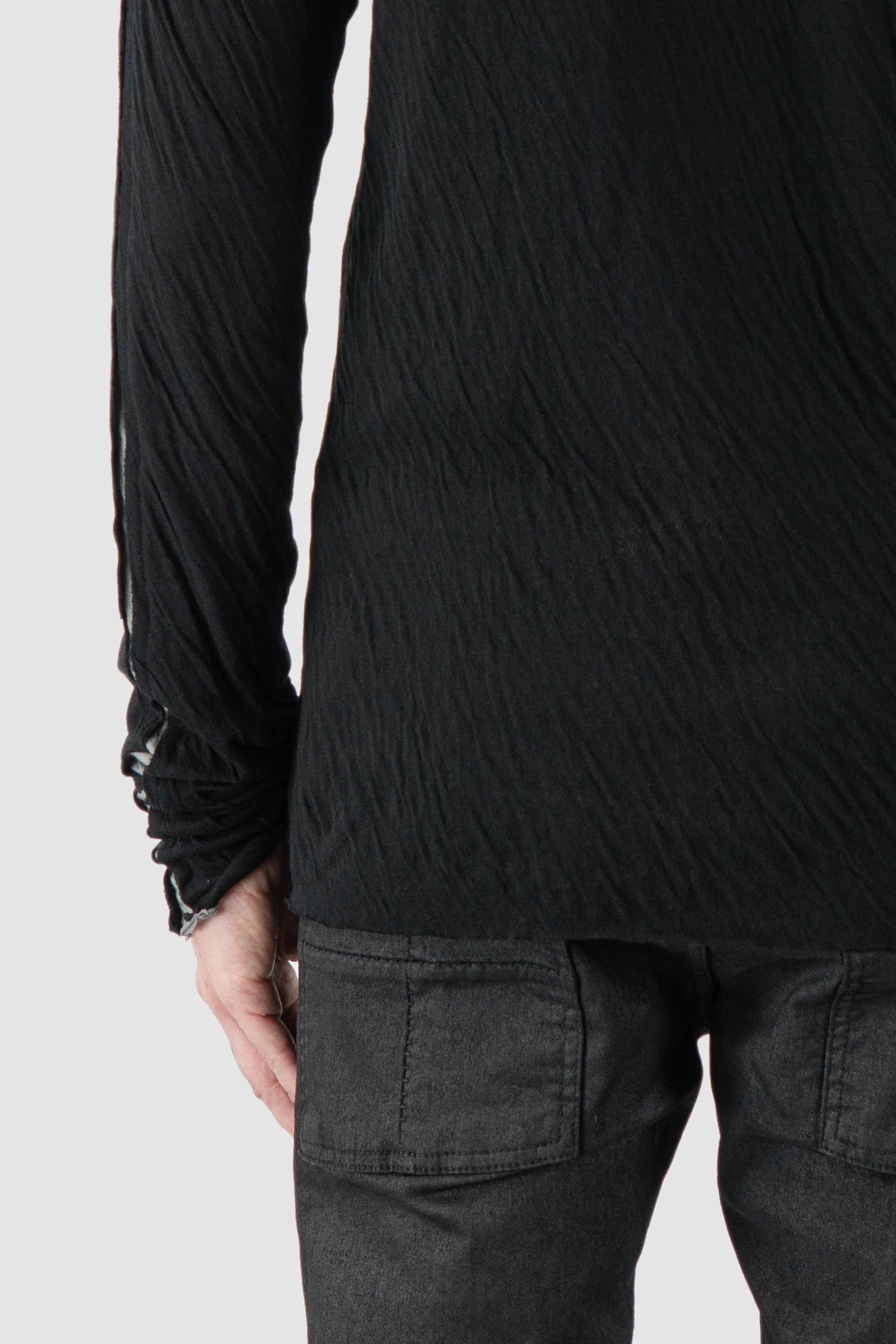 Thom Krom – Men's Black Bonded Cotton Contrast Insert Long Sleeve - arm detail view