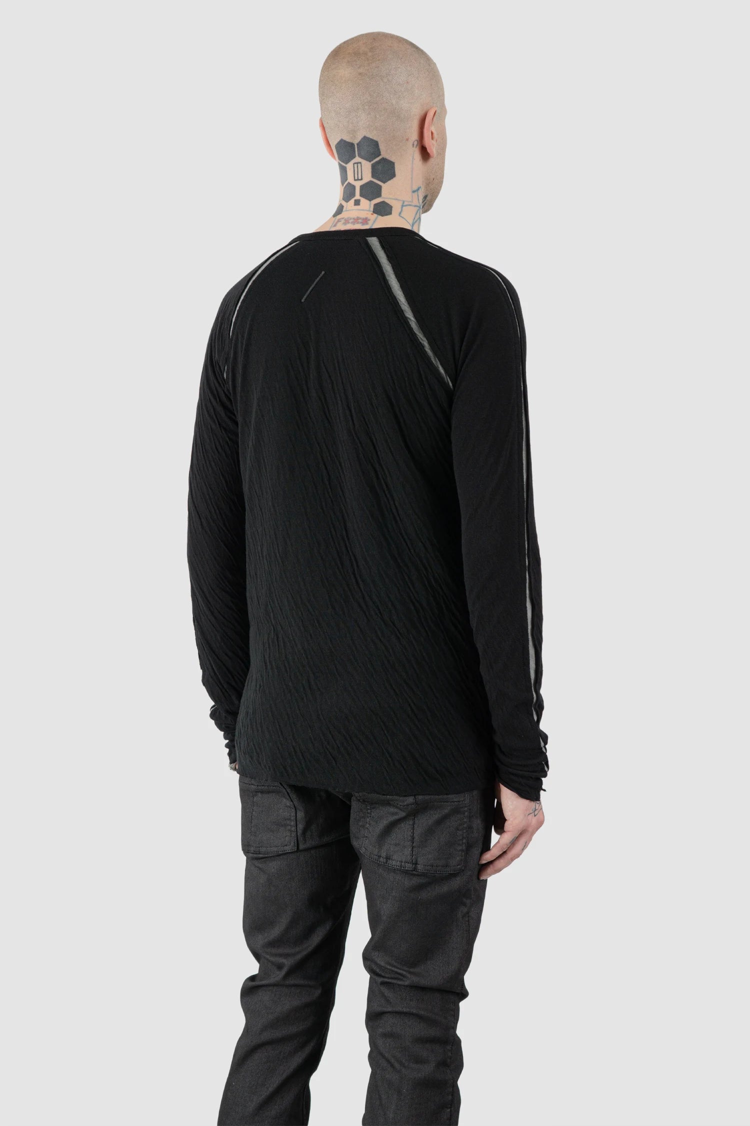 Thom Krom – Men's Black Bonded Cotton Contrast Insert Long Sleeve - model back side view