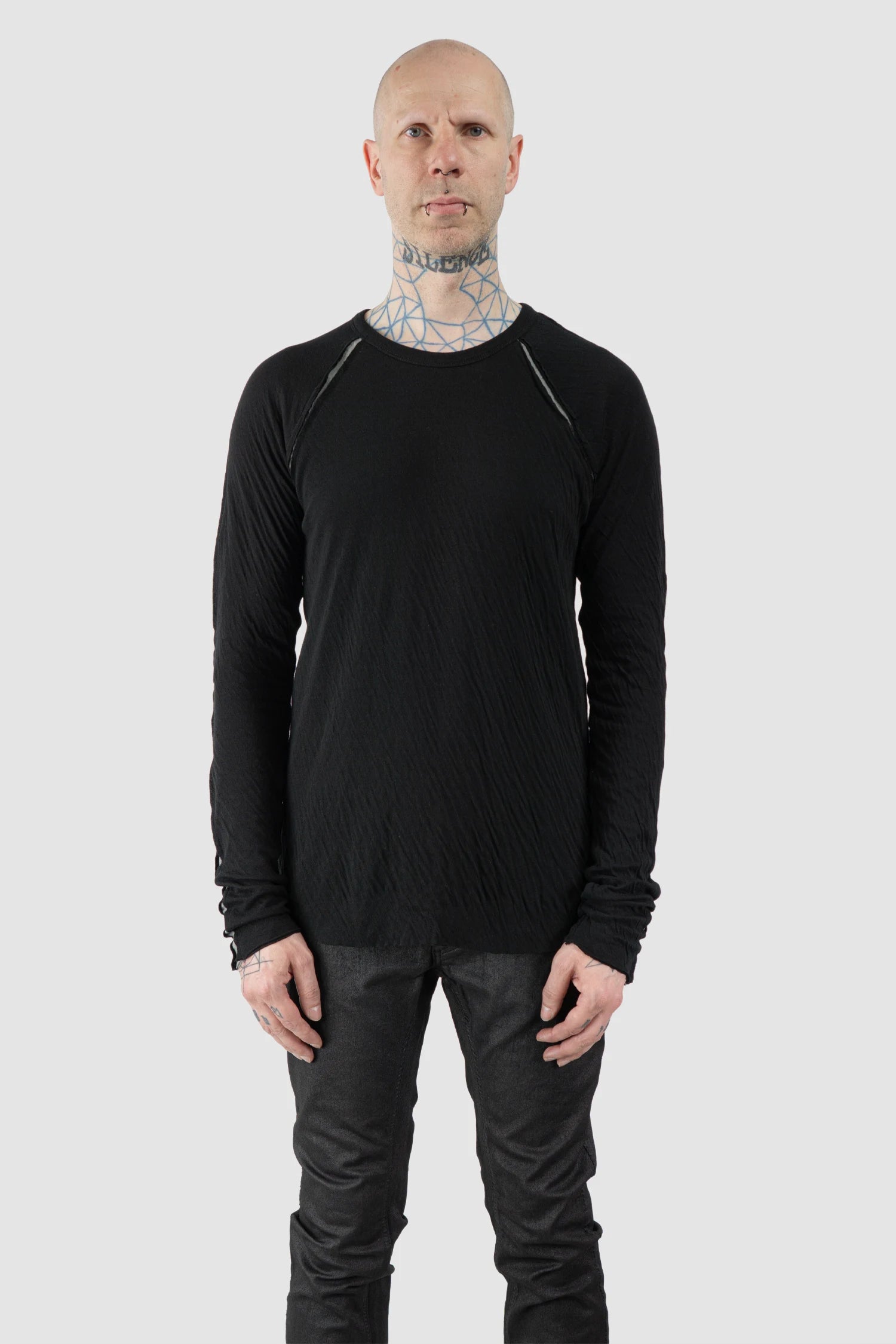 Thom Krom – Men's Black Bonded Cotton Contrast Insert Long Sleeve - model front view - MONO-KROM | Gallery