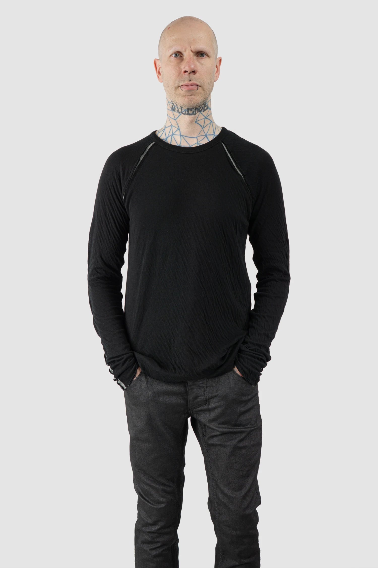 Thom Krom – Men's Black Bonded Cotton Contrast Insert Long Sleeve - model relaxed view