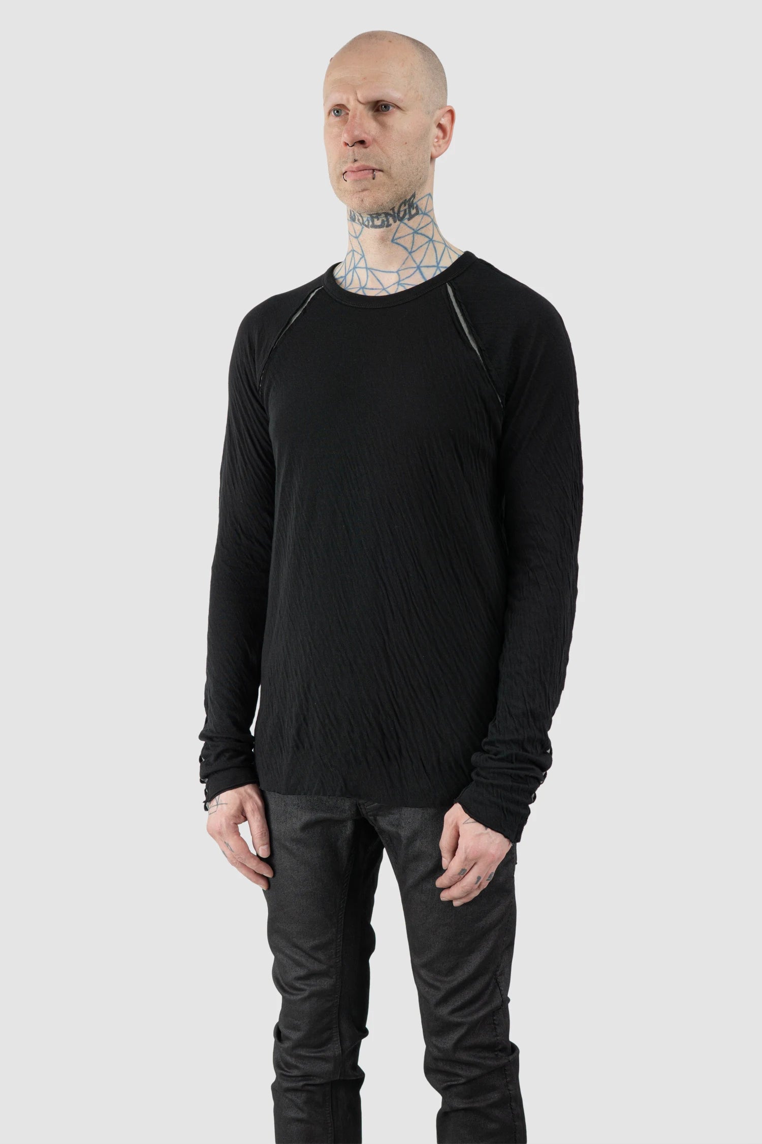 Thom Krom – Men's Black Bonded Cotton Contrast Insert Long Sleeve - model side view - MONO-KROM | Gallery