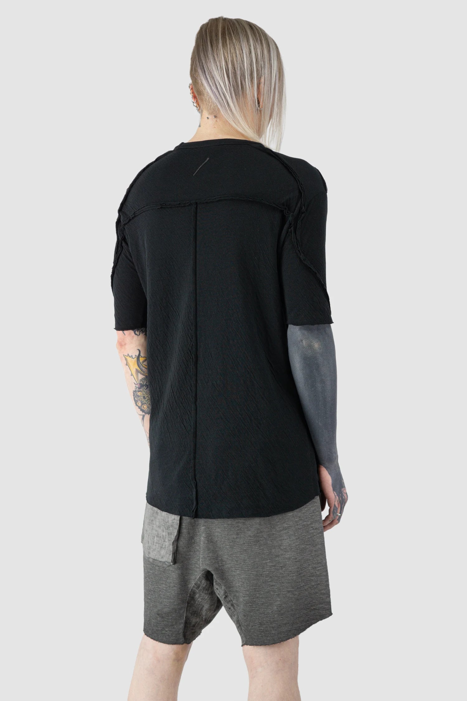 Thom Krom - Men’s Black Bonded Double Layer Cotton T-Shirt M-TS-921 model back side view
