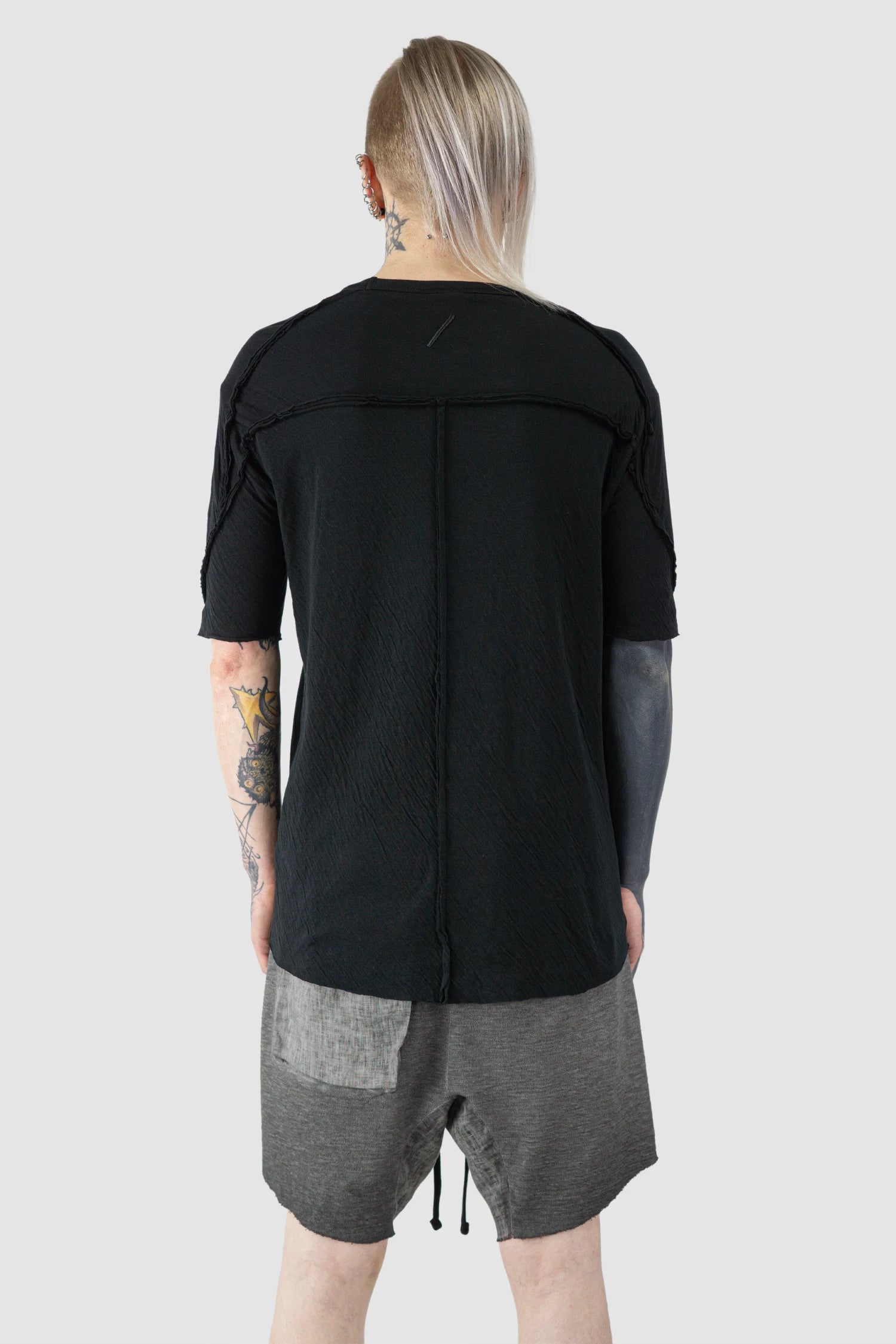 Thom Krom - Men’s Black Bonded Double Layer Cotton T-Shirt M-TS-921 model back view