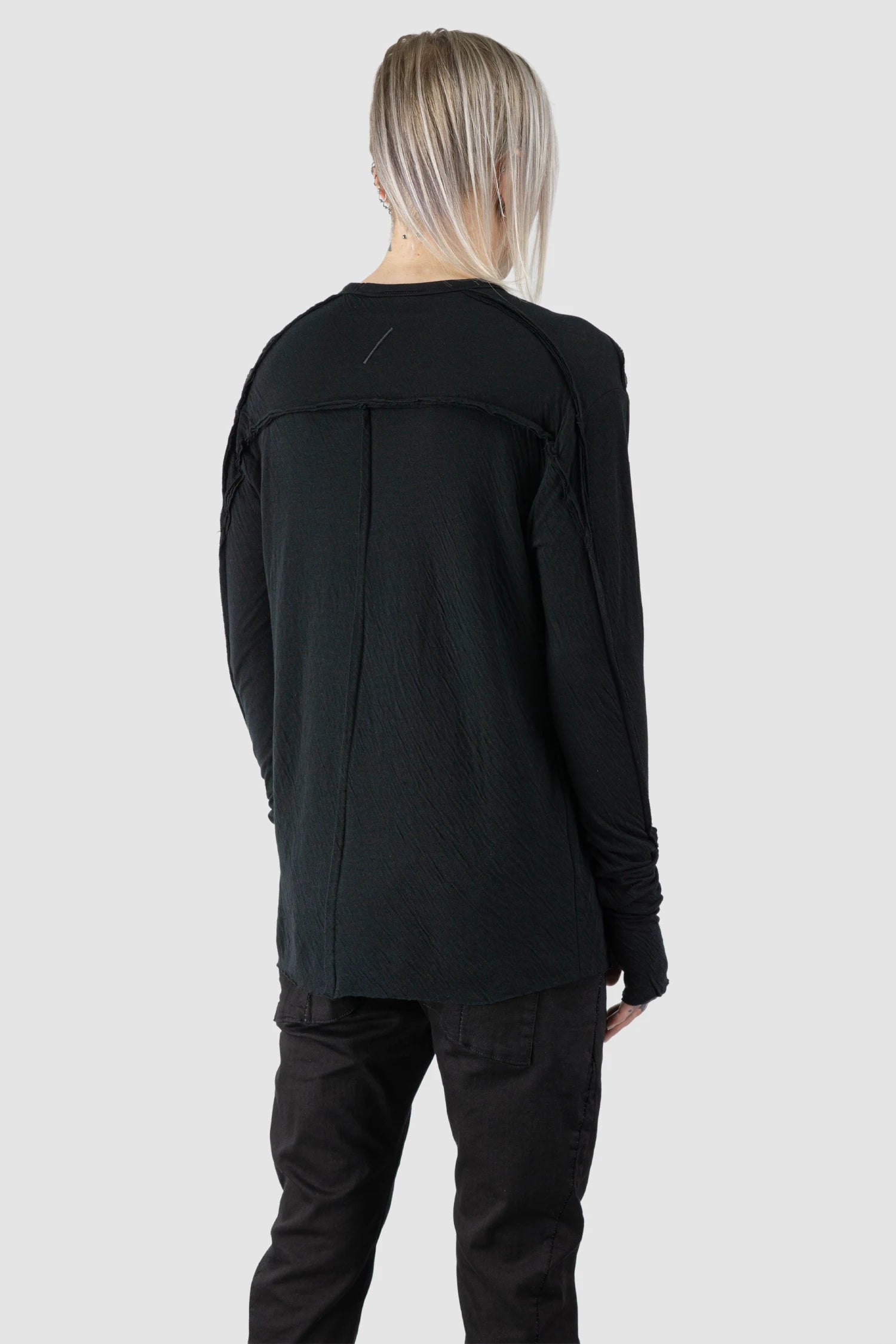 Thom Krom - Men’s Black Bonded Double Layer Long Sleeve T-Shirt M-TS-922 model back side view