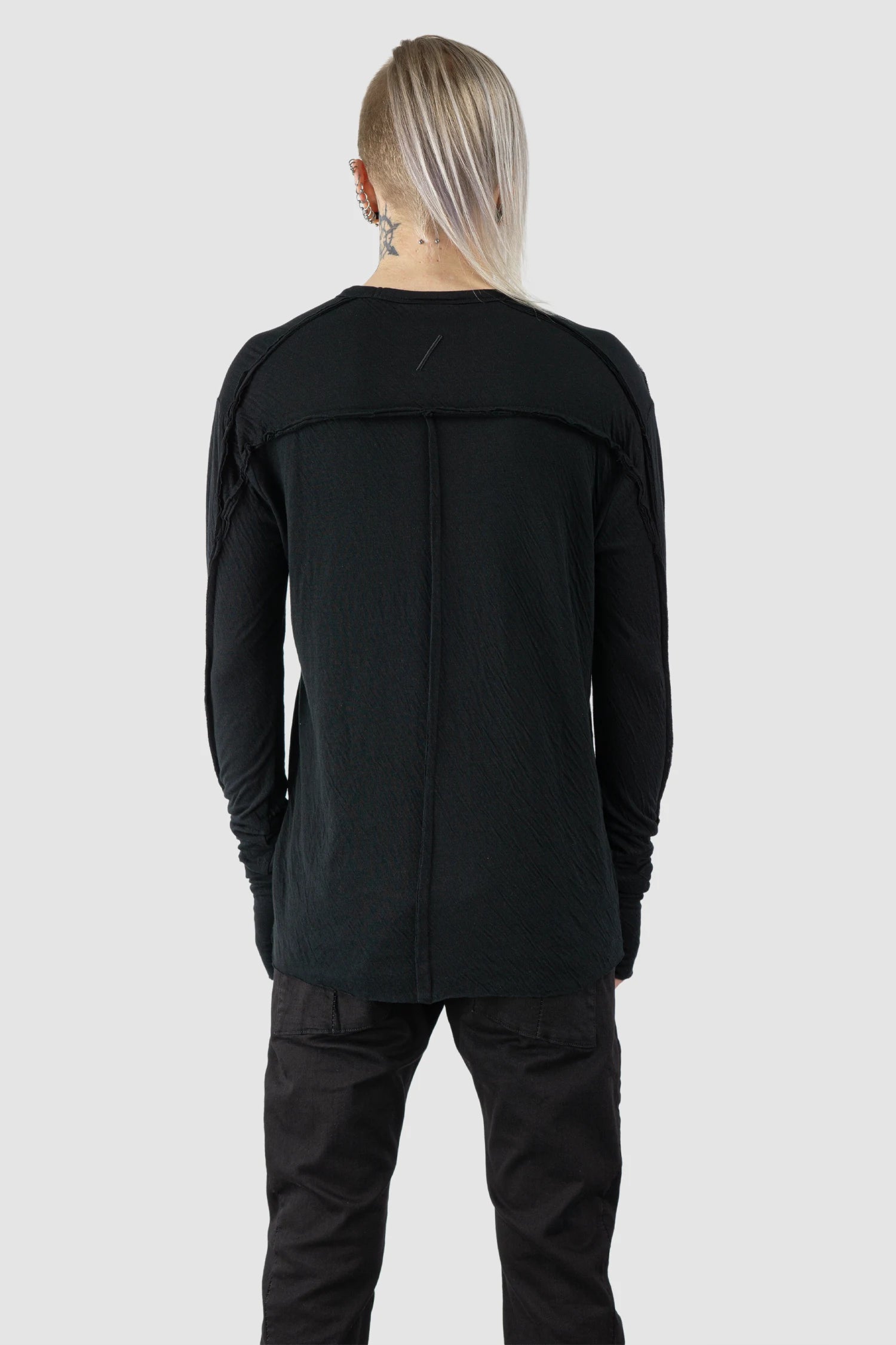 Thom Krom - Men’s Black Bonded Double Layer Long Sleeve T-Shirt M-TS-922 model back view