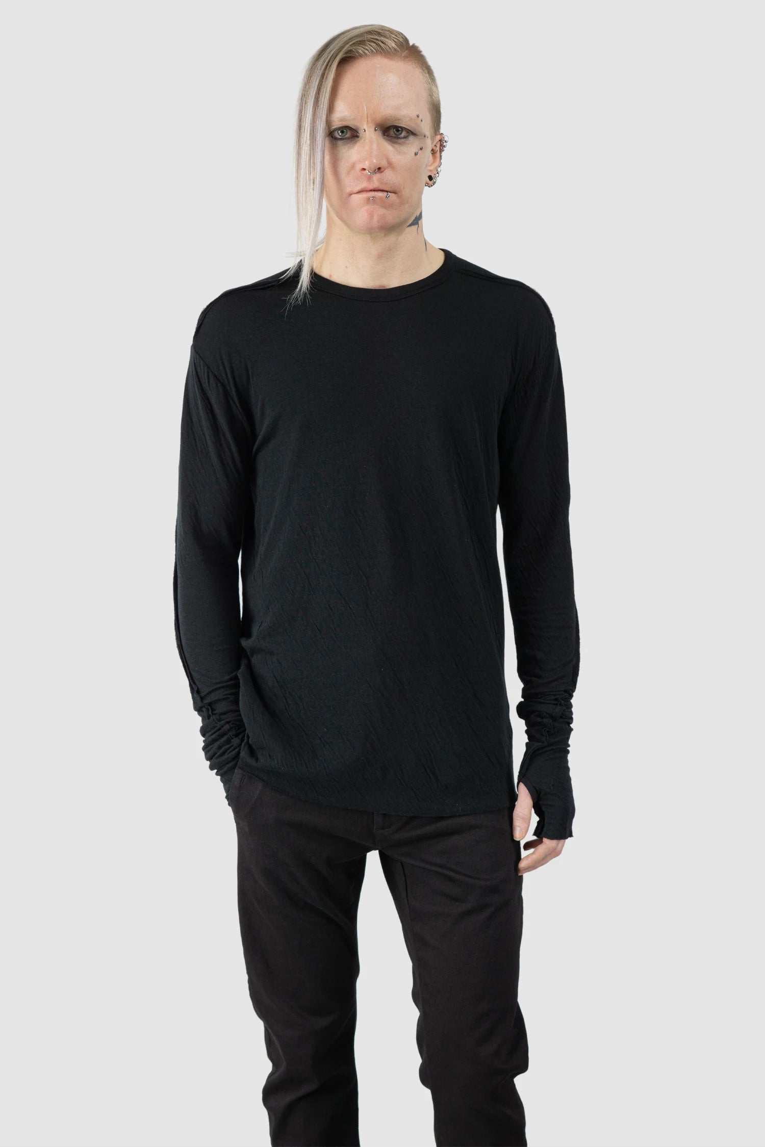 Thom Krom - Men’s Black Bonded Double Layer Long Sleeve T-Shirt M-TS-922 model front relaxed view
