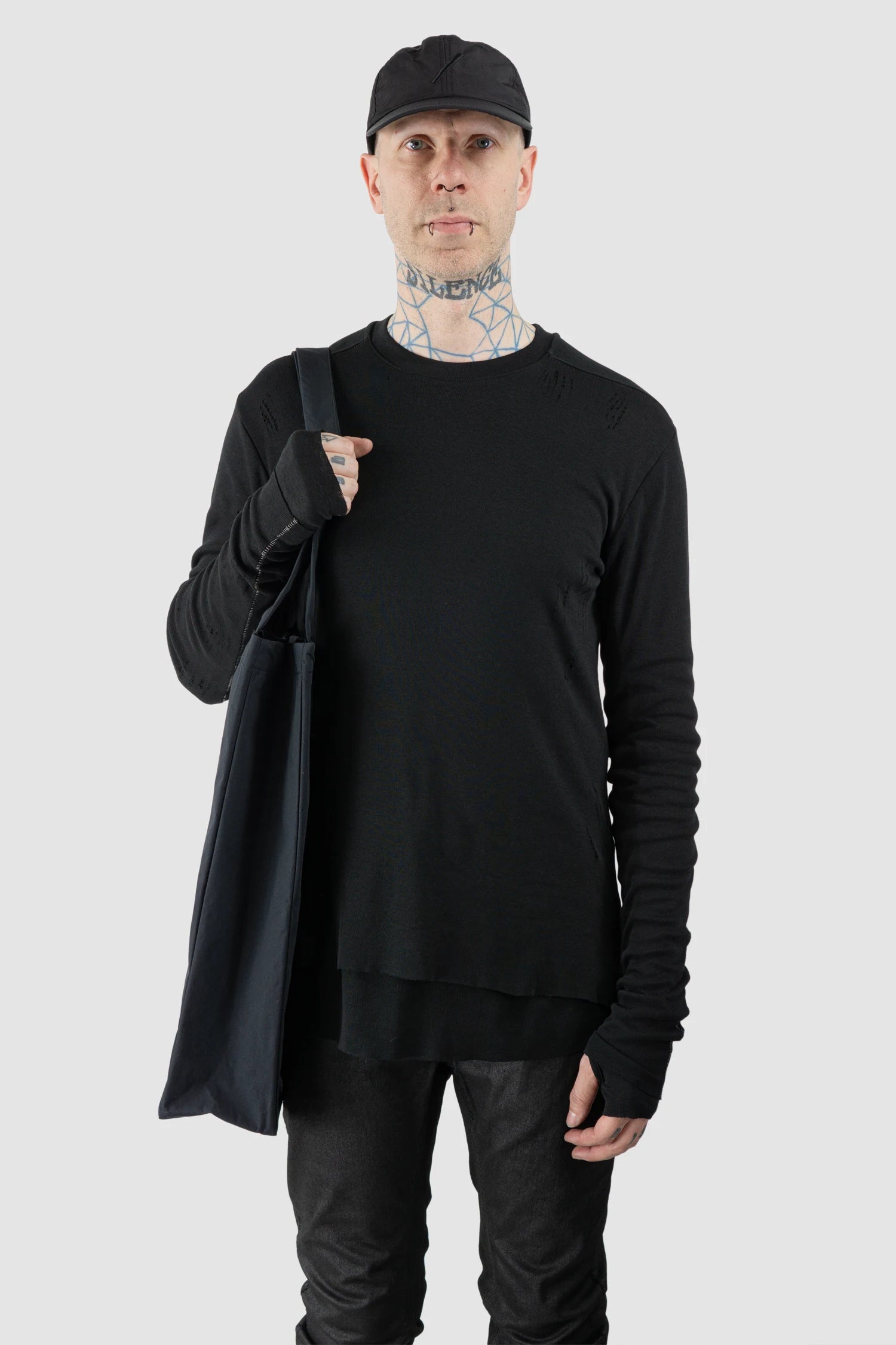 Thom Krom – Men's Black Bonded Shopper Tote Bag - model front view - MONO-KROM | Gallery