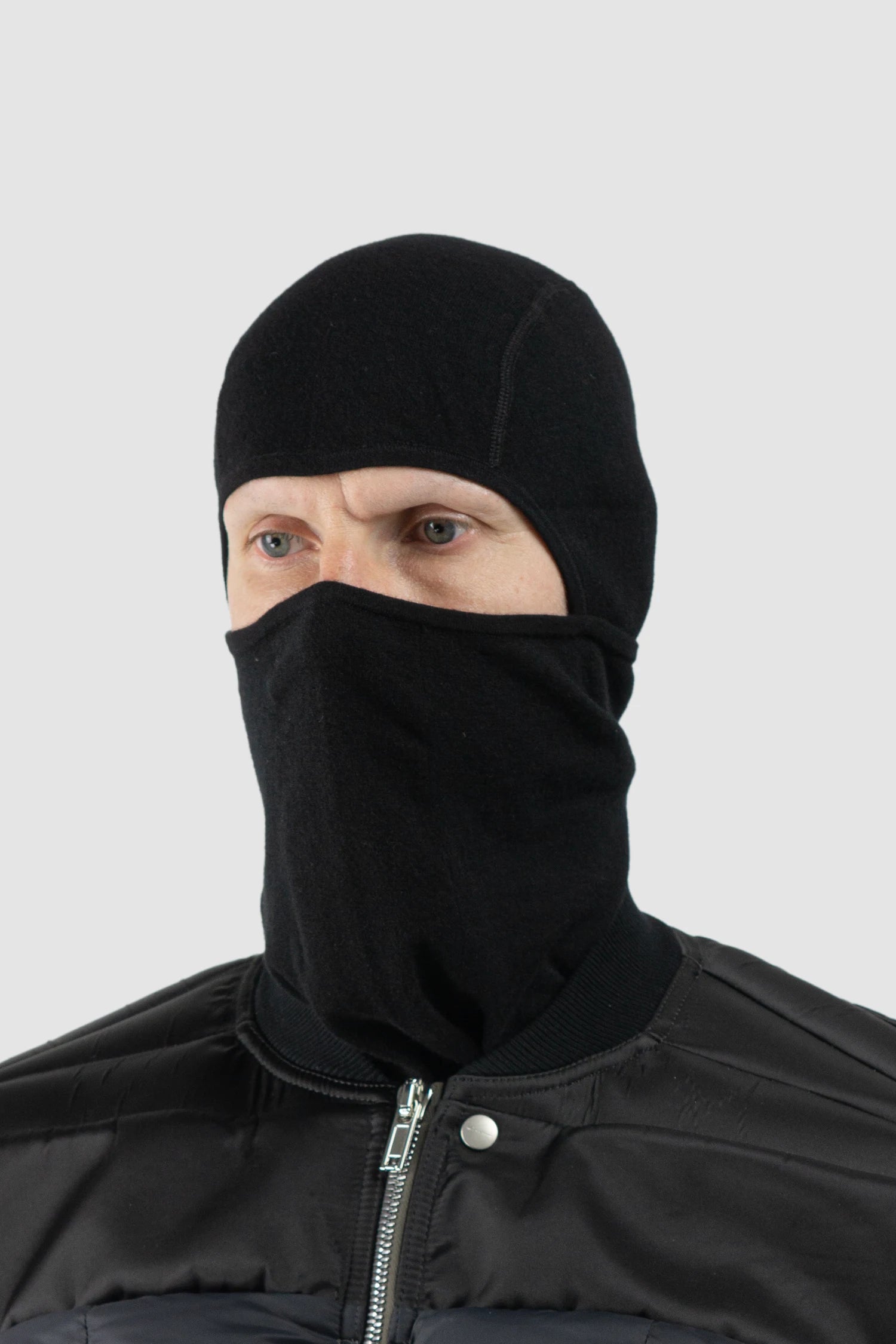Thom Krom – Men's Black Cashmere Blend Performance Knit Balaclava Hoodie - model left view