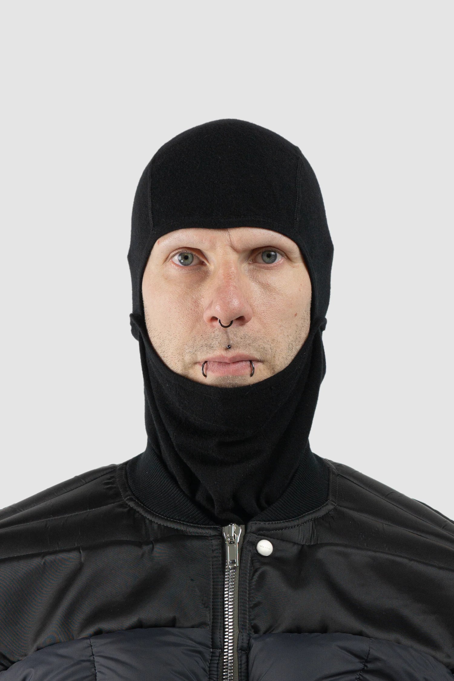 Thom Krom – Men's Black Cashmere Blend Performance Knit Balaclava Hoodie - model open view