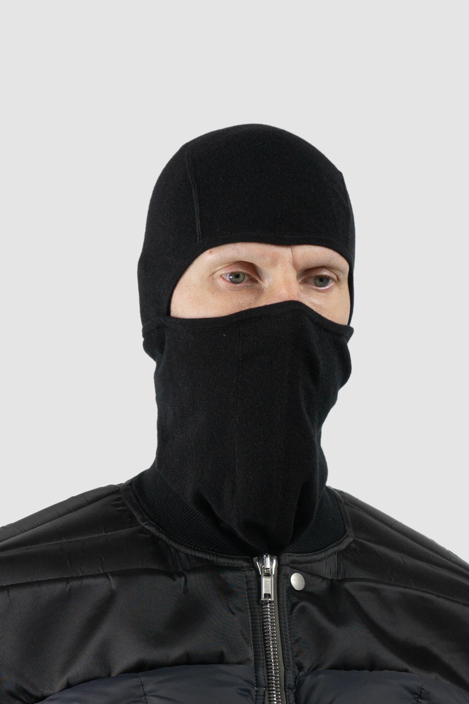 Thom Krom – Men's Black Cashmere Blend Performance Knit Balaclava Hoodie - model right view