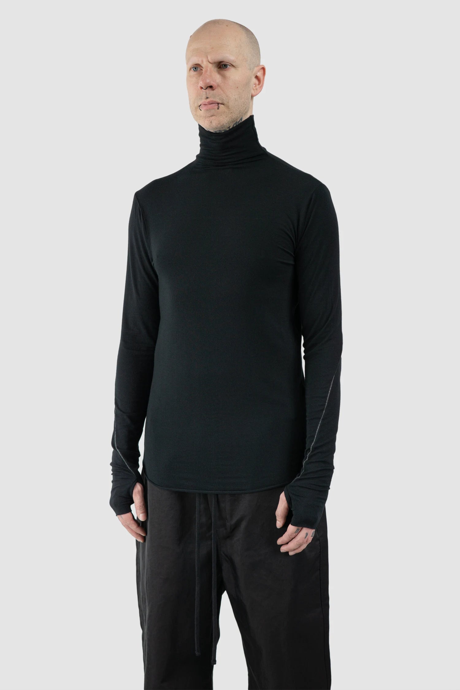 Thom Krom – Men's Black Cashmere Blend Turtleneck Long Sleeve - model side view - MONO-KROM | Gallery
