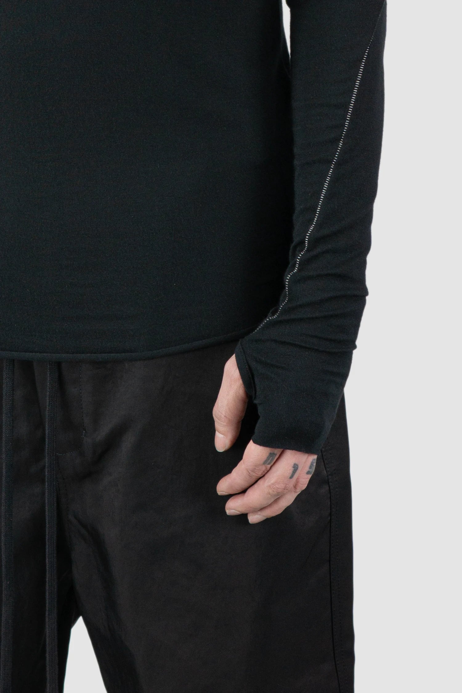 Thom Krom – Men's Black Cashmere Blend Turtleneck Long Sleeve - thumbhole detail view