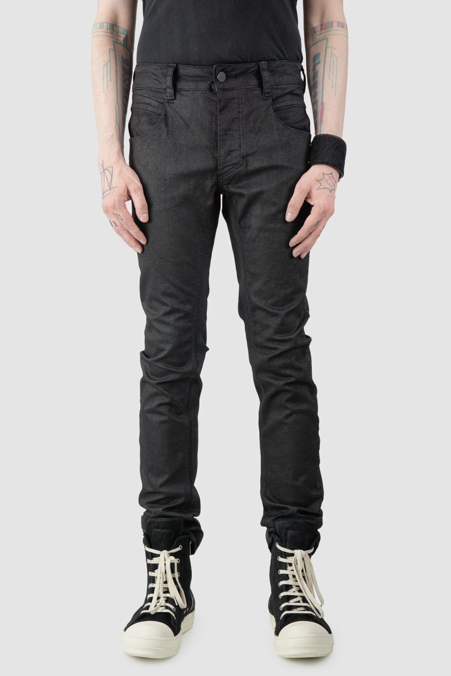 Thom Krom – Men's Black Coated Slim Fit Denim Jeans - model front view - MONO-KROM | Gallery