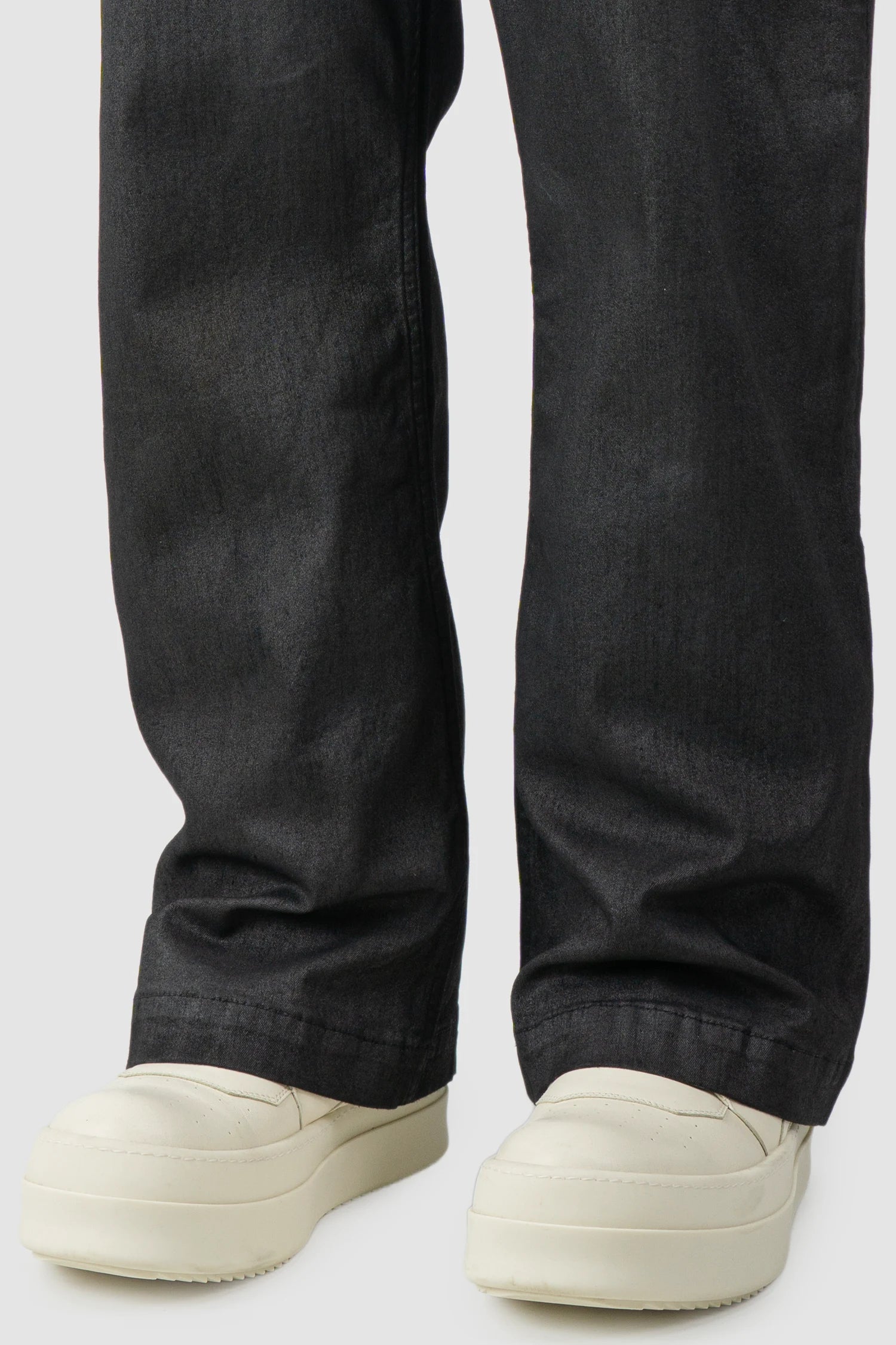 Thom Krom – Men's Black Coated Wide Leg Denim Jeans - hem detail view