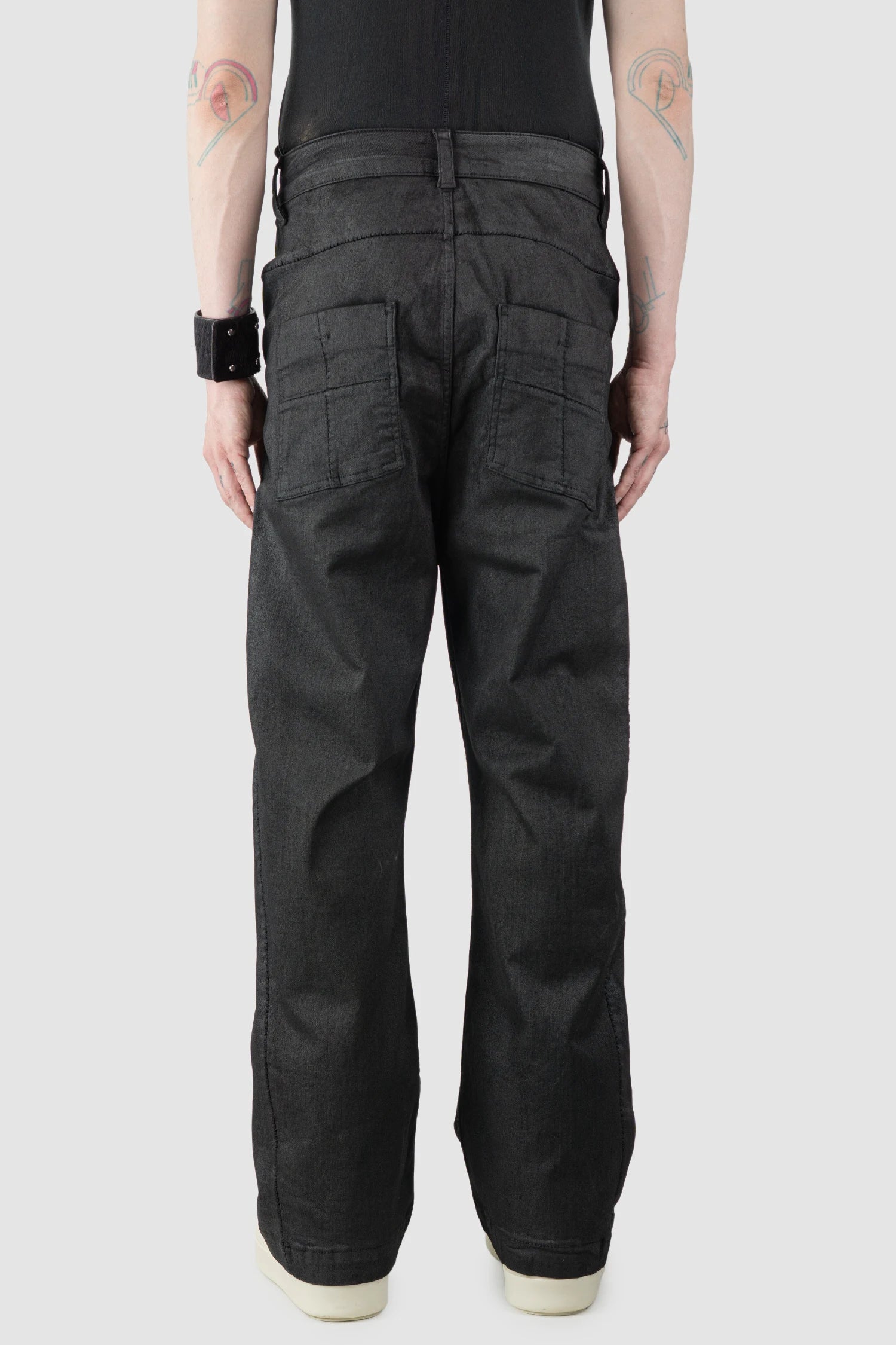 Thom Krom – Men's Black Coated Wide Leg Denim Jeans - model back view